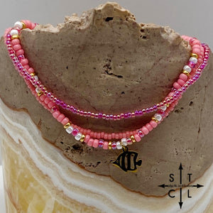 Pink Hot Pink Pearl White Gold Stretchy Anklet