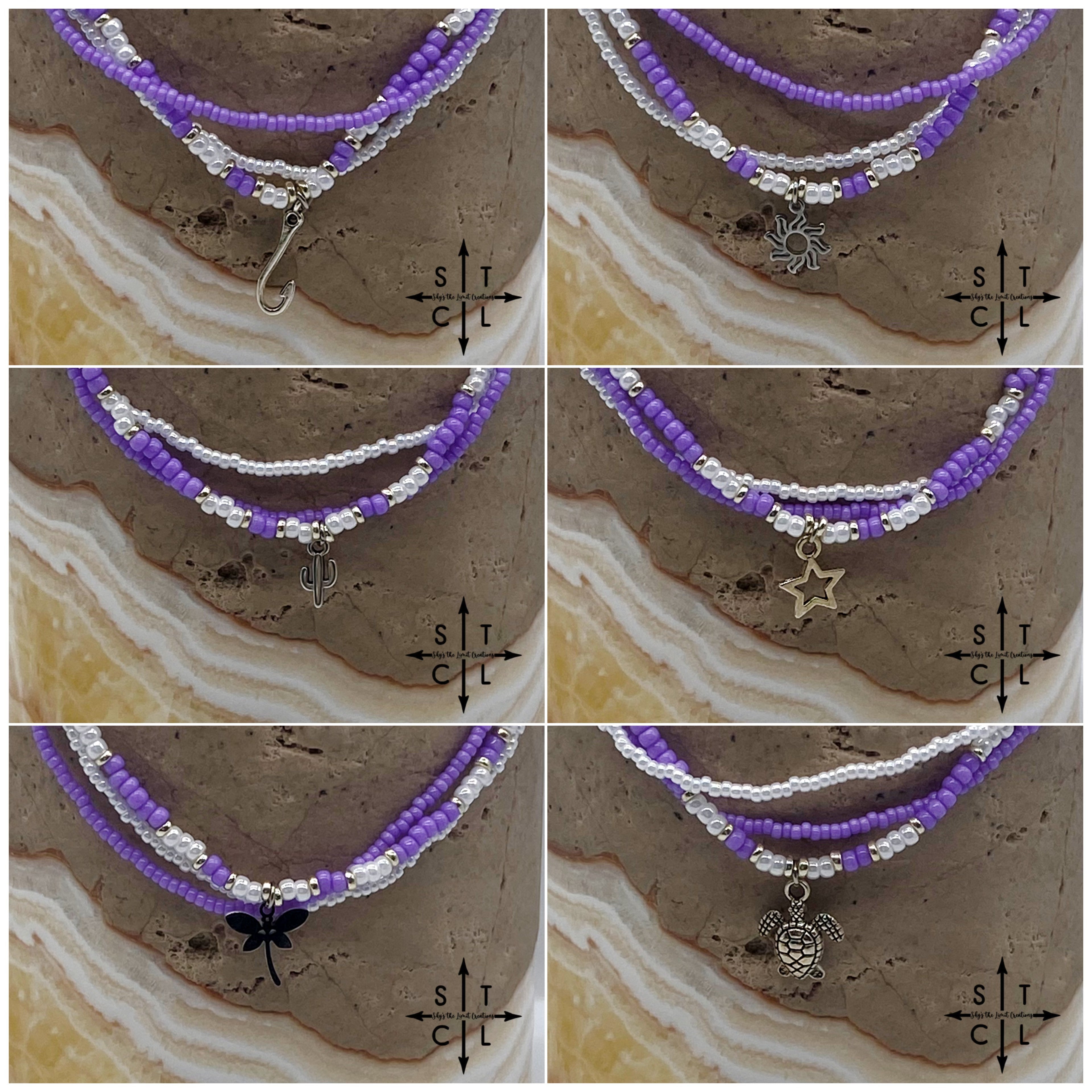 Purple White Silver Stretchy Anklet