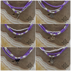 Purple White Silver Stretchy Anklet