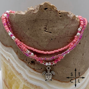 Pink Hot Pink Pearl White Silver Stretchy Anklet