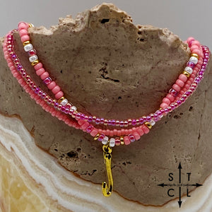 Pink Hot Pink Pearl White Gold Stretchy Anklet
