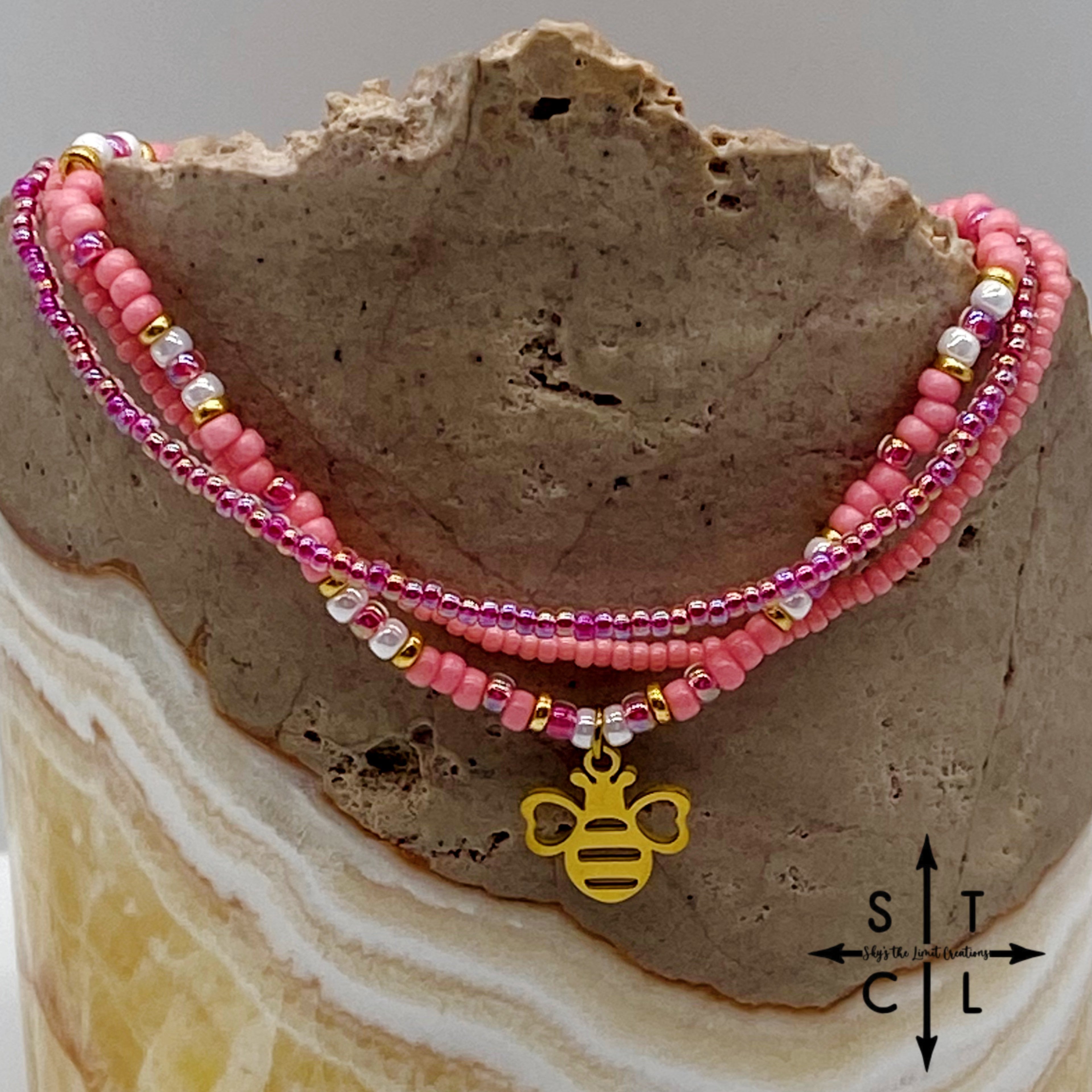 Pink Hot Pink Pearl White Gold Stretchy Anklet
