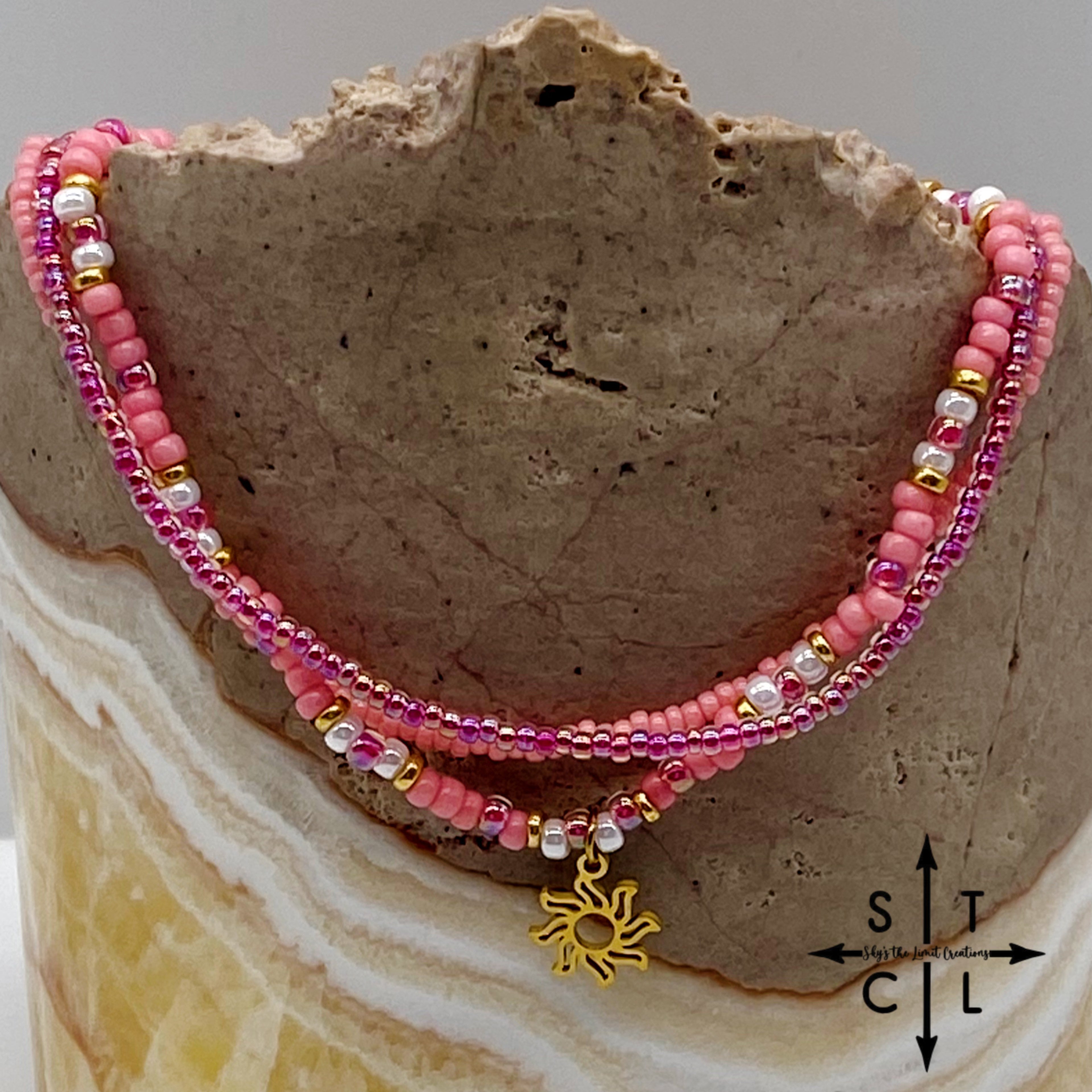 Pink Hot Pink Pearl White Gold Stretchy Anklet