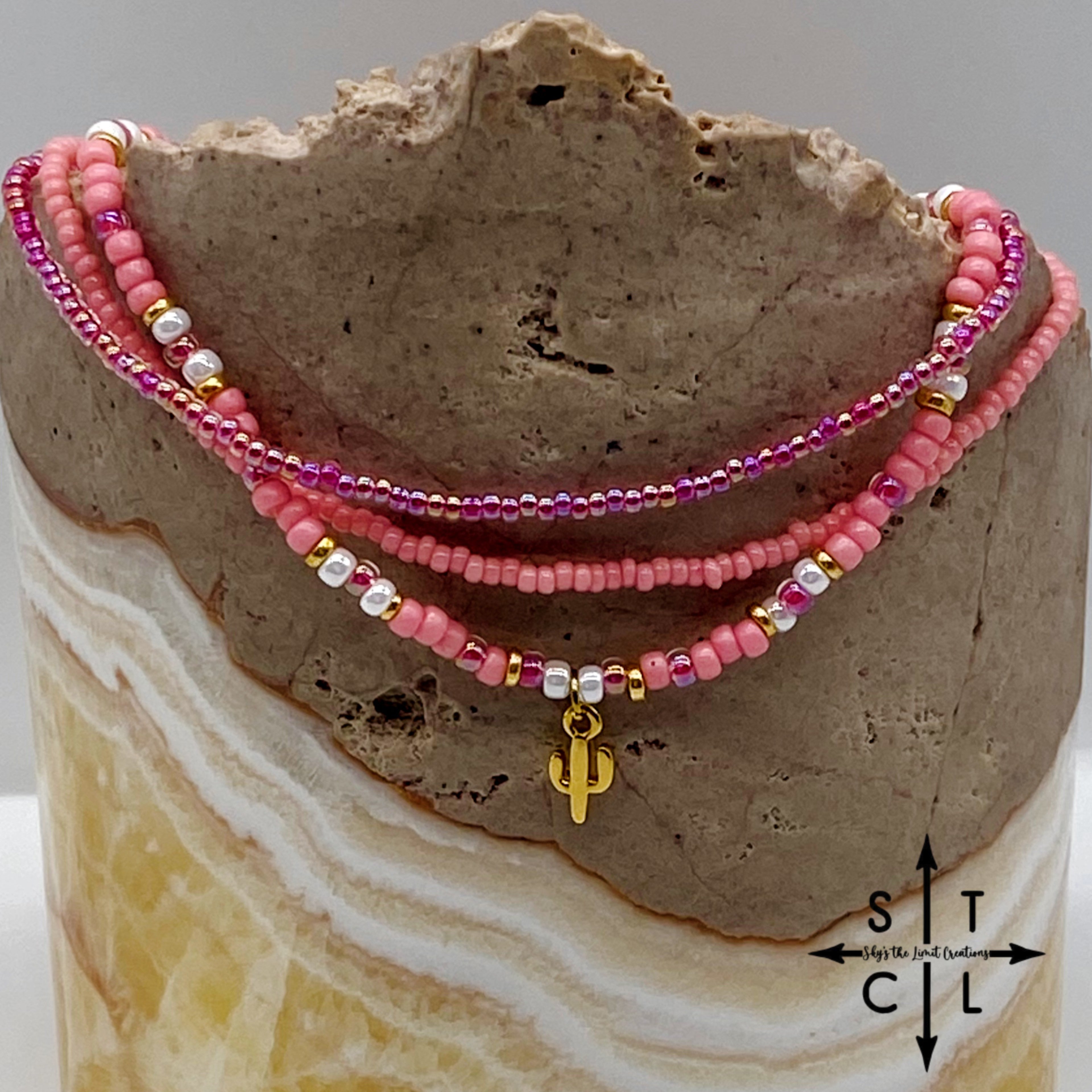 Pink Hot Pink Pearl White Gold Stretchy Anklet