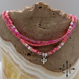 Pink Hot Pink Pearl White Silver Stretchy Anklet