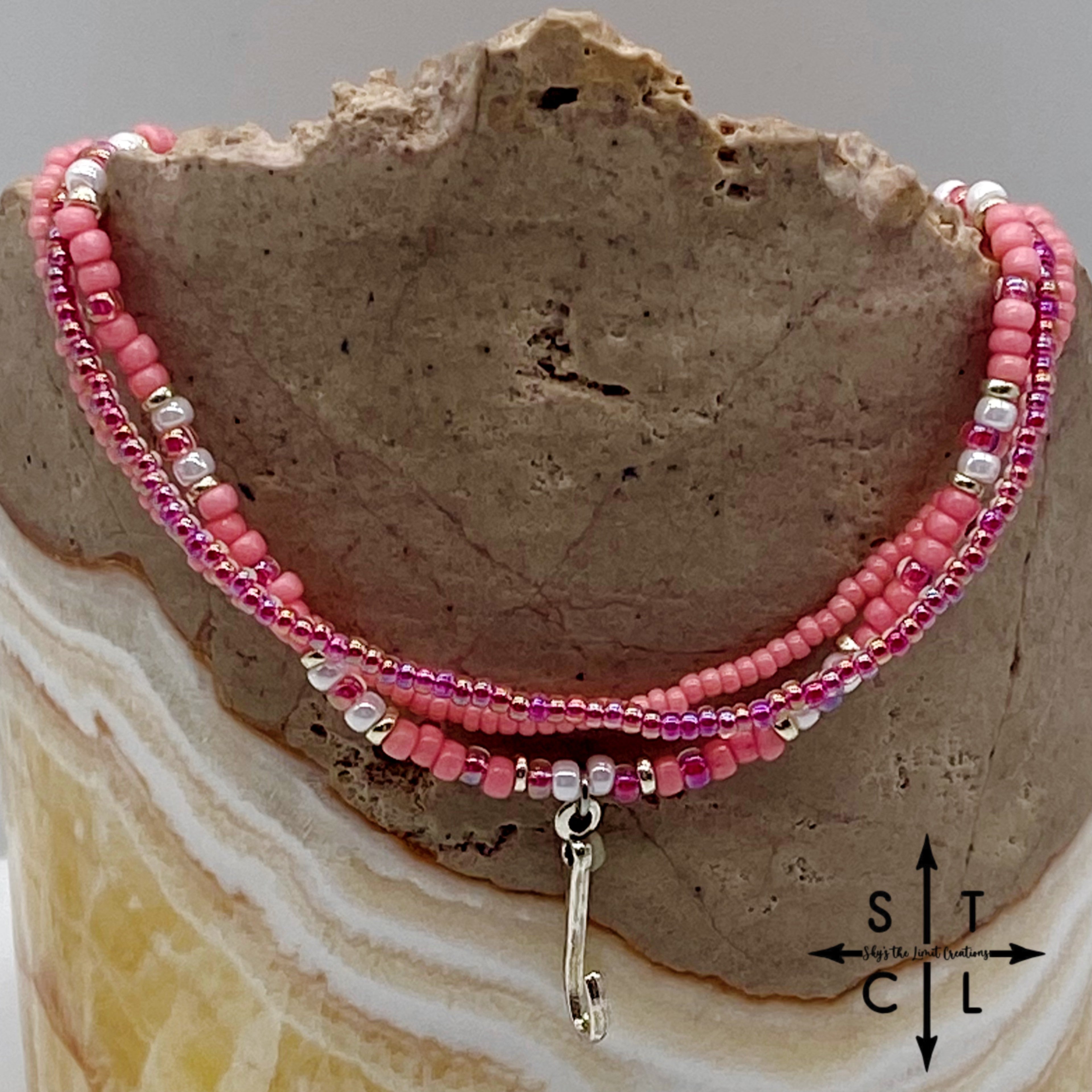 Pink Hot Pink Pearl White Silver Stretchy Anklet