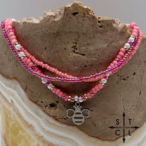 Pink Hot Pink Pearl White Silver Stretchy Anklet