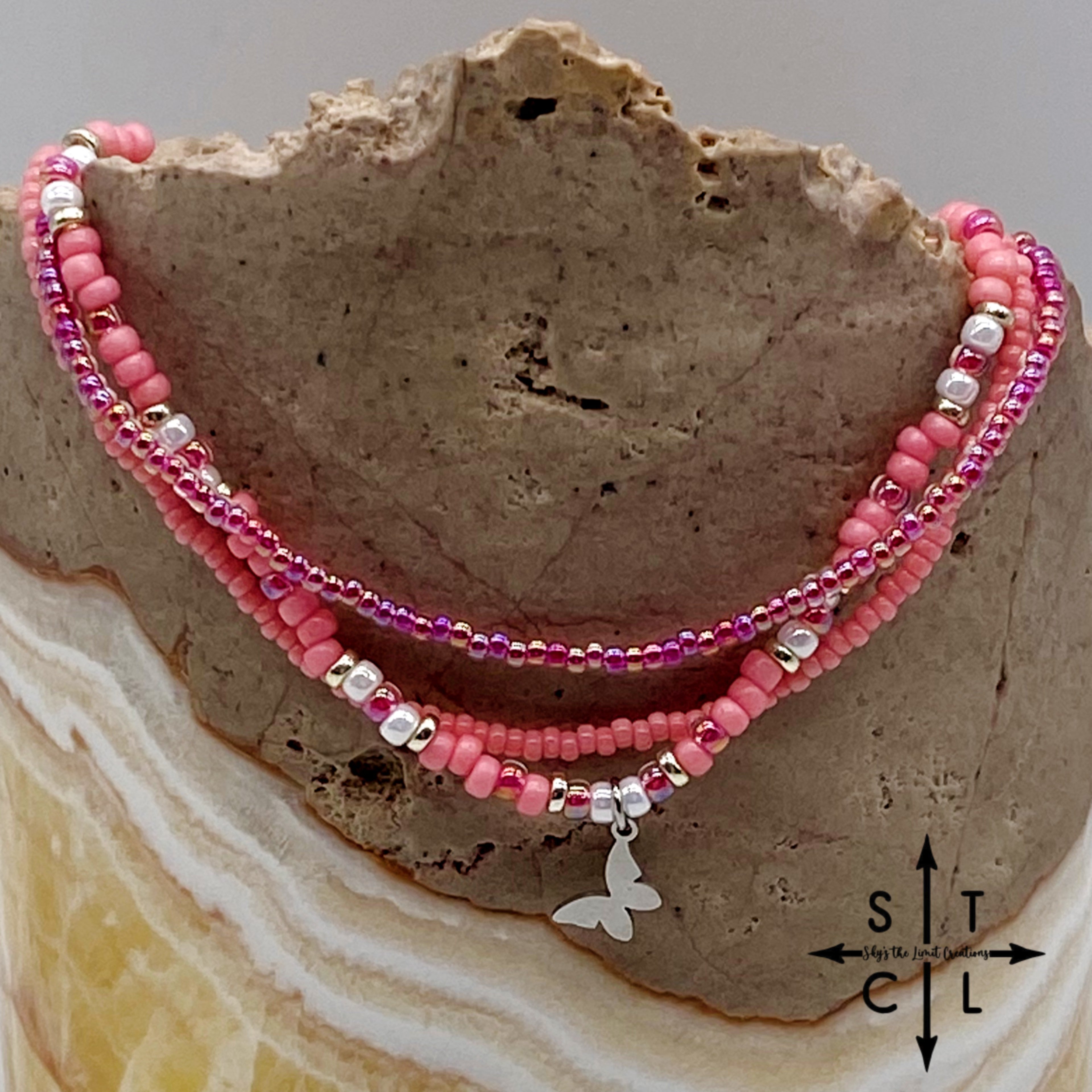 Pink Hot Pink Pearl White Silver Stretchy Anklet