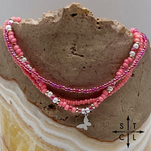 Pink Hot Pink Pearl White Silver Stretchy Anklet