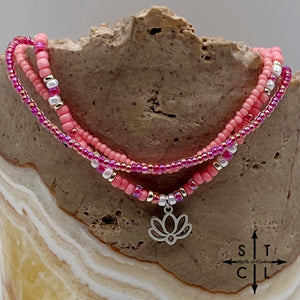 Pink Hot Pink Pearl White Silver Stretchy Anklet