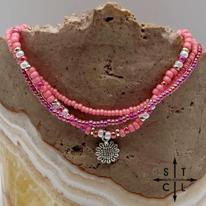 Pink Hot Pink Pearl White Silver Stretchy Anklet