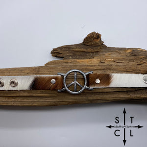 Reddish Brown and White Cowhide Peace Bracelet