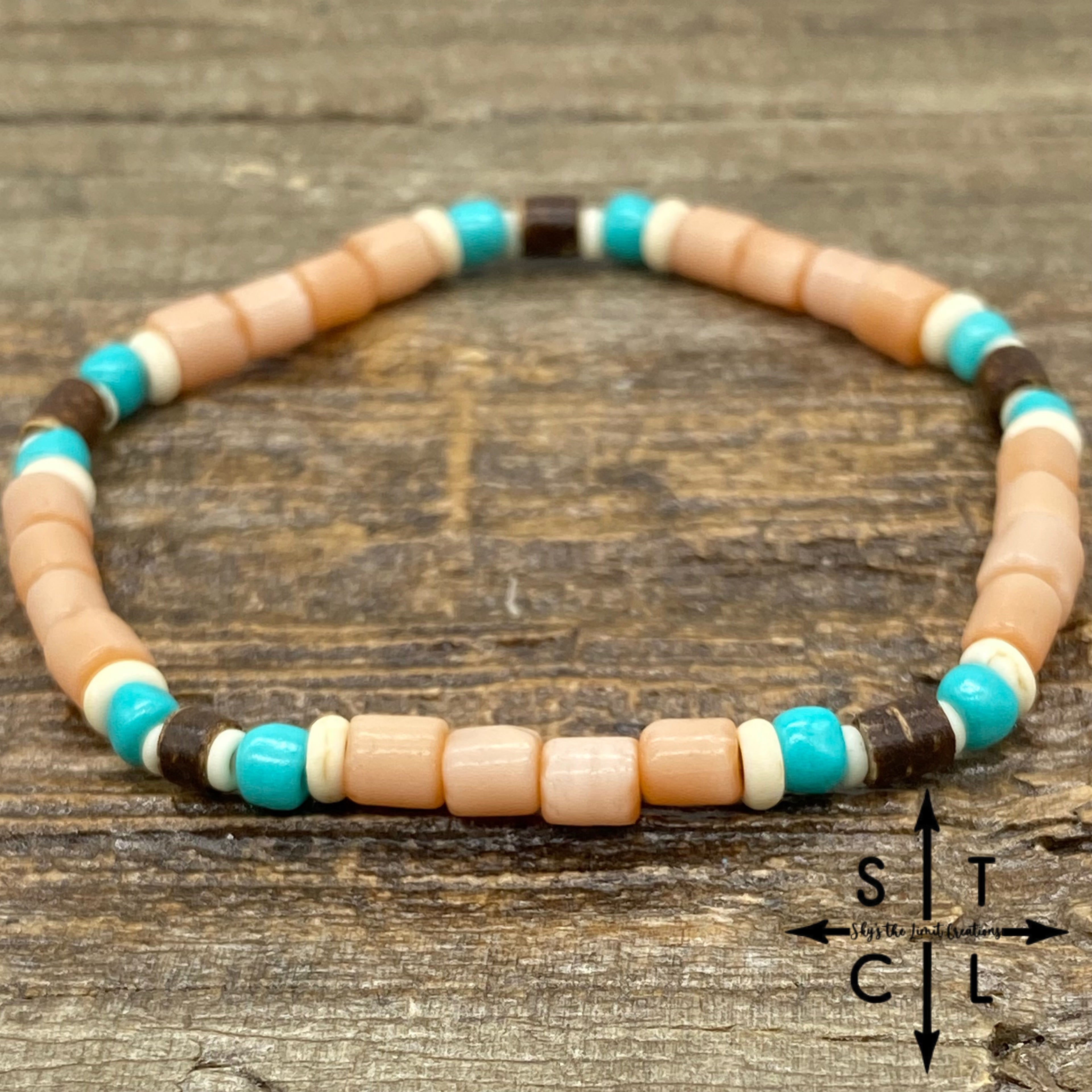 Stretch Bracelet Peach Cats Eye Turquoise Wood