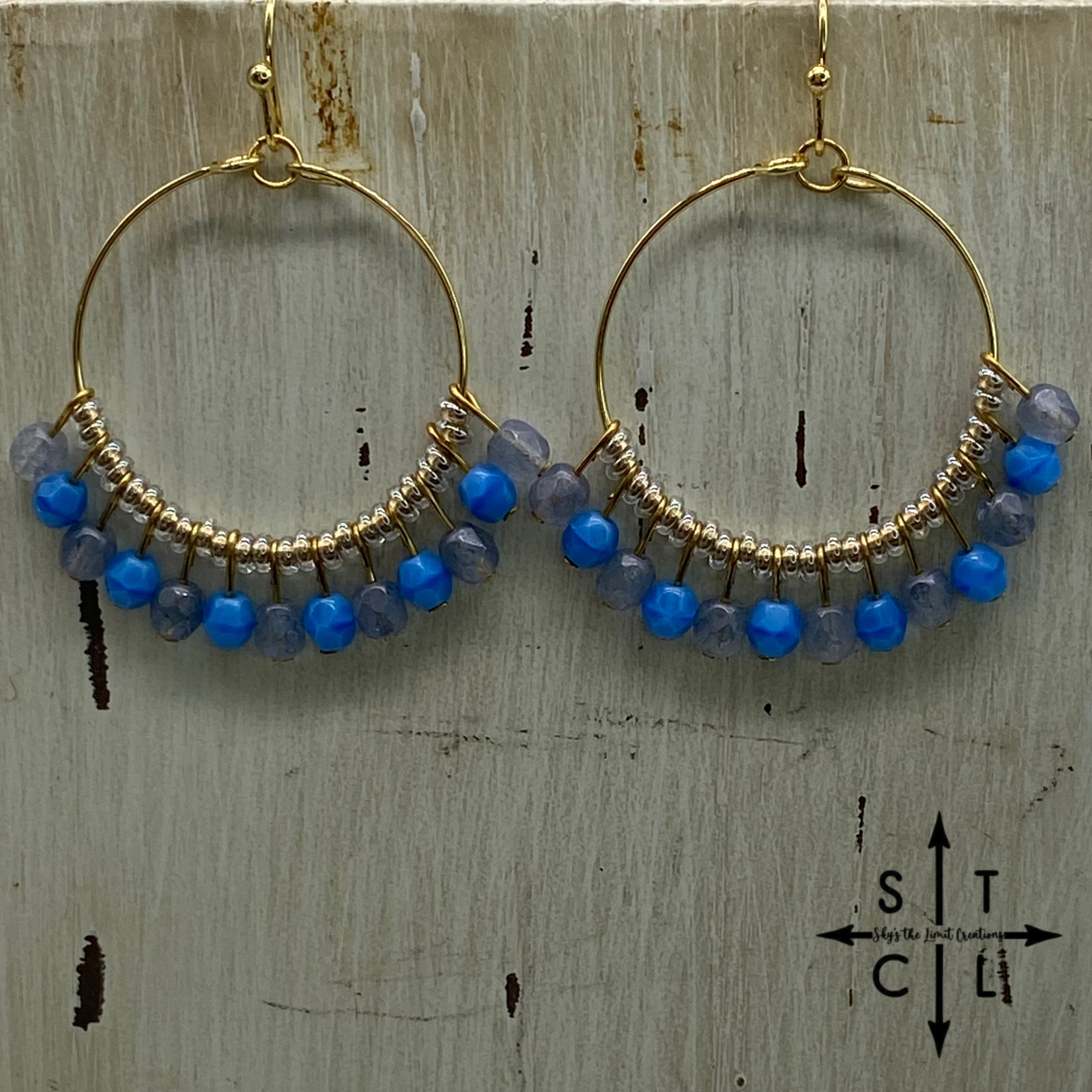 Bright Blue Grey Blue On Gold Rebecca Earrings