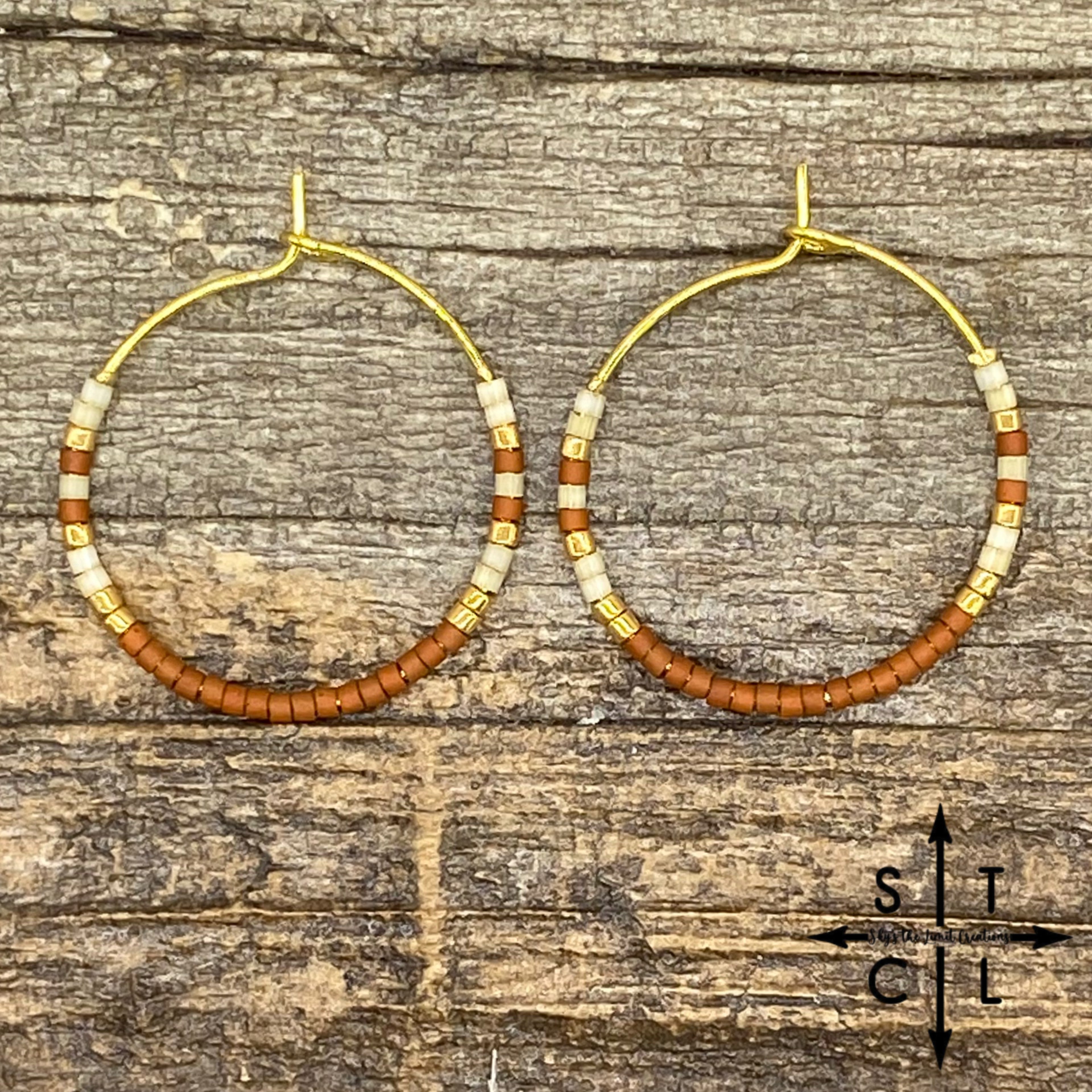Shimmer Beige Pearl Burnt Orange Amber Earrings