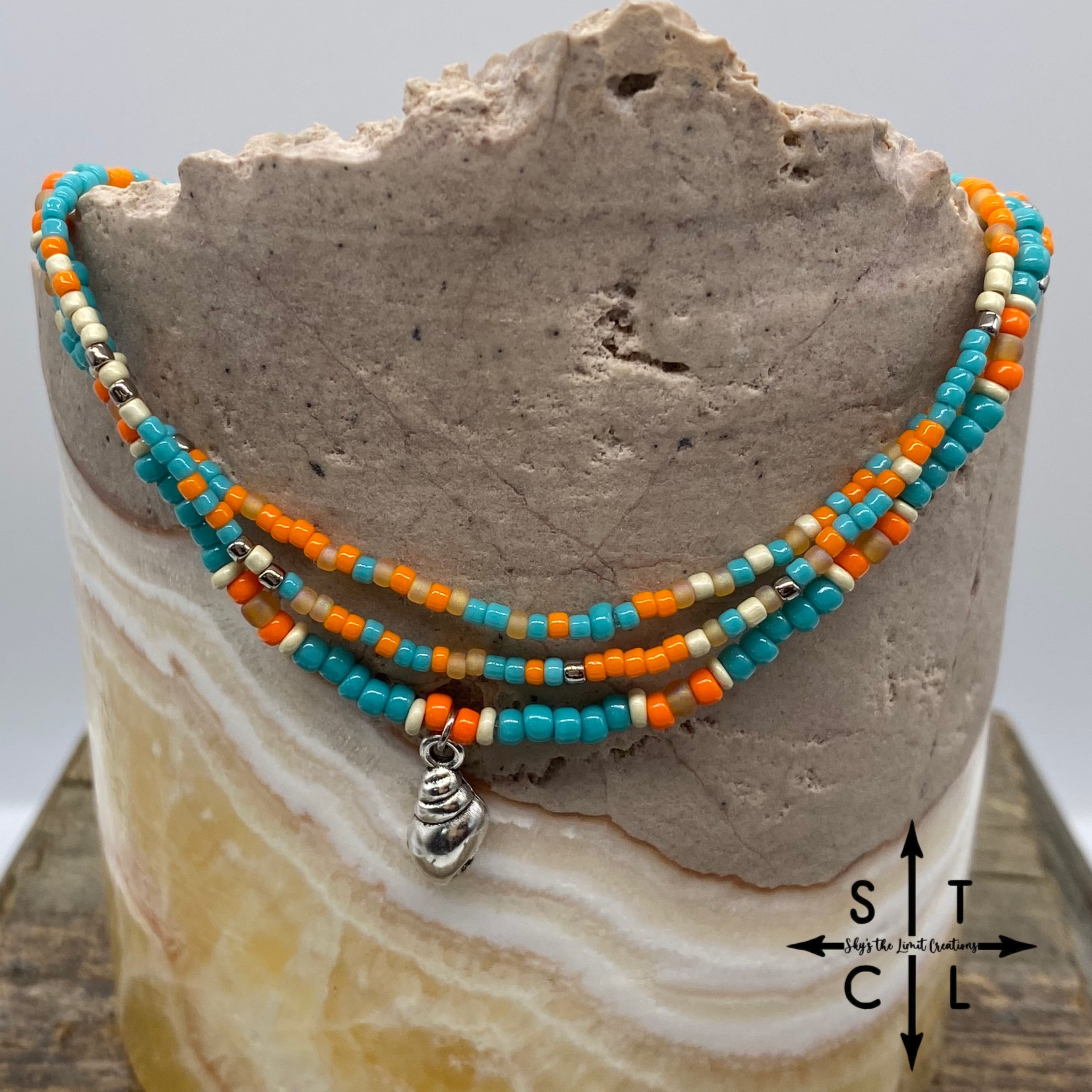 Turquoise Orange seashell Stretchy Anklet