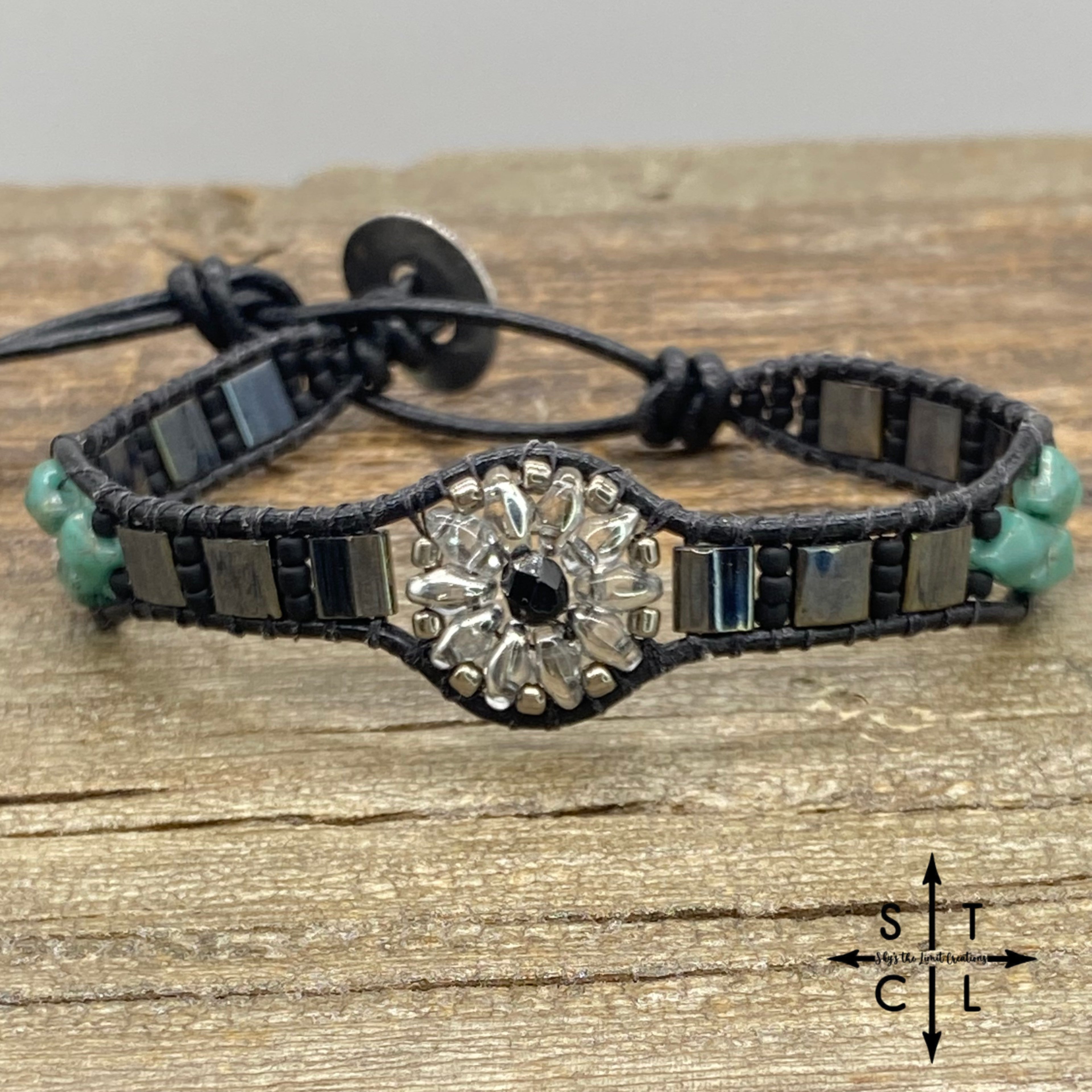 Clear Silver Gunmetal Silver Turquoise Daisy