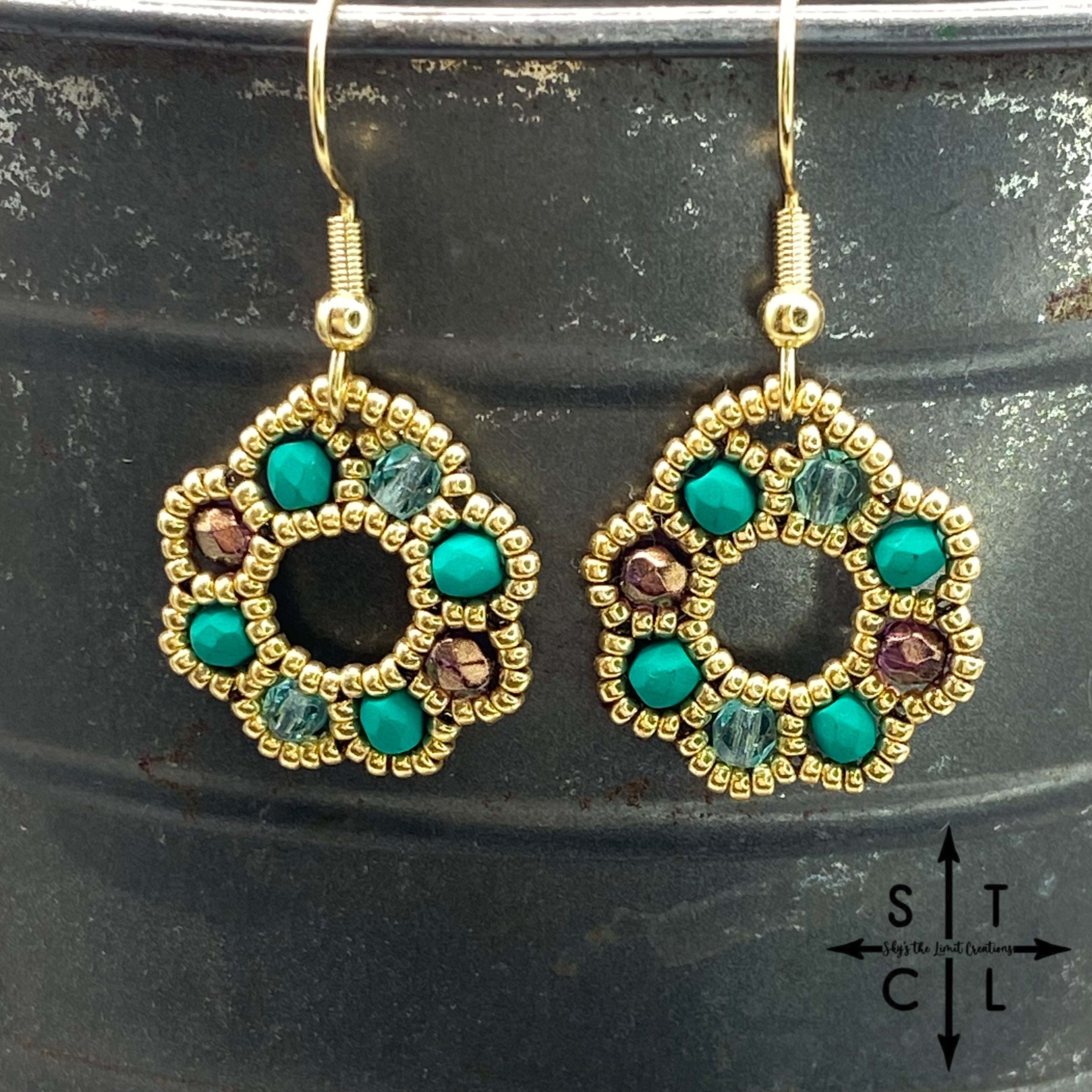 Green Clear Turquoise Light Brown On Gold Amanda Earrings