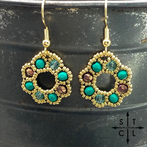 Green Clear Turquoise Light Brown On Gold Amanda Earrings