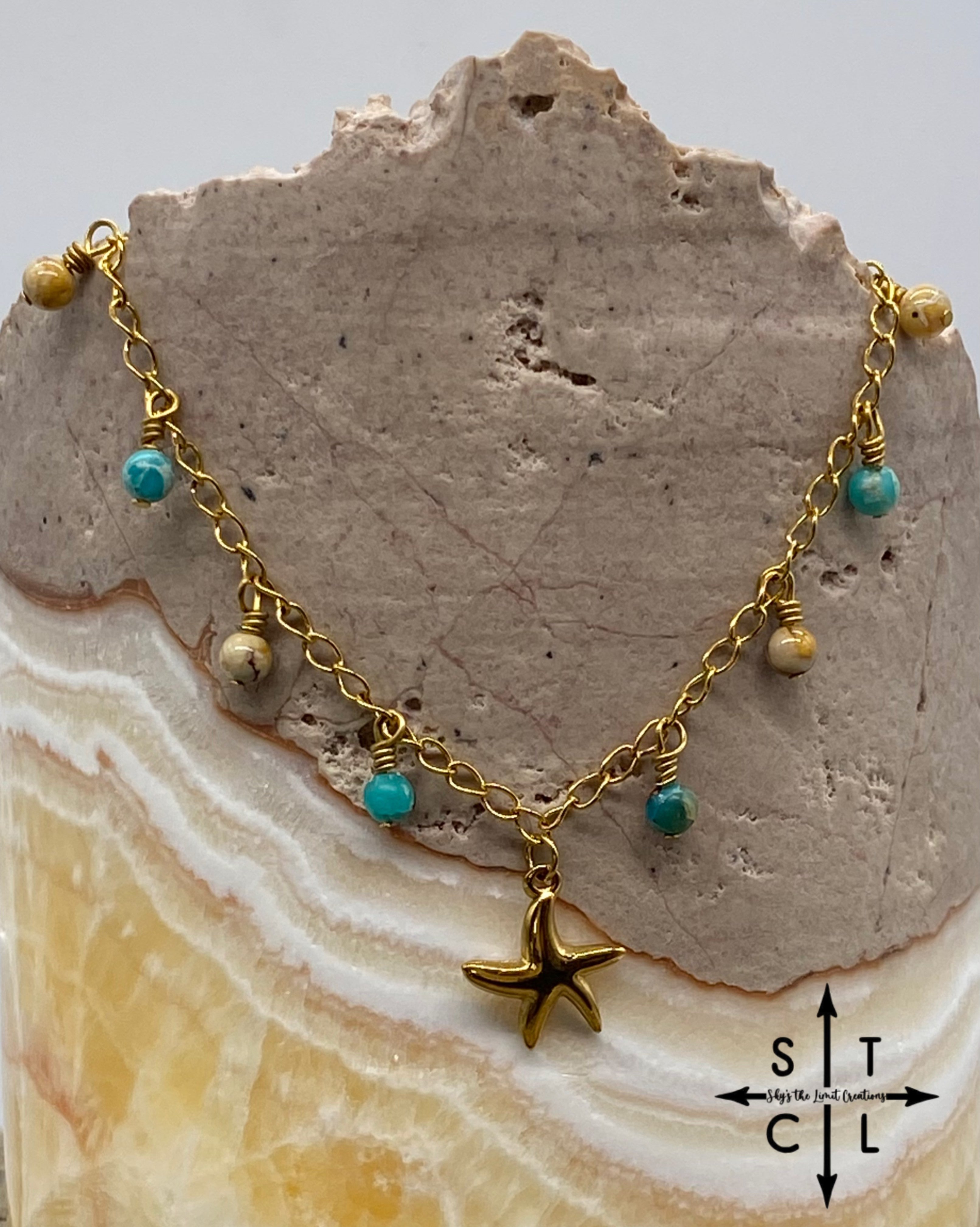 Starfish Turquoise Beige Gold Katy Anklet