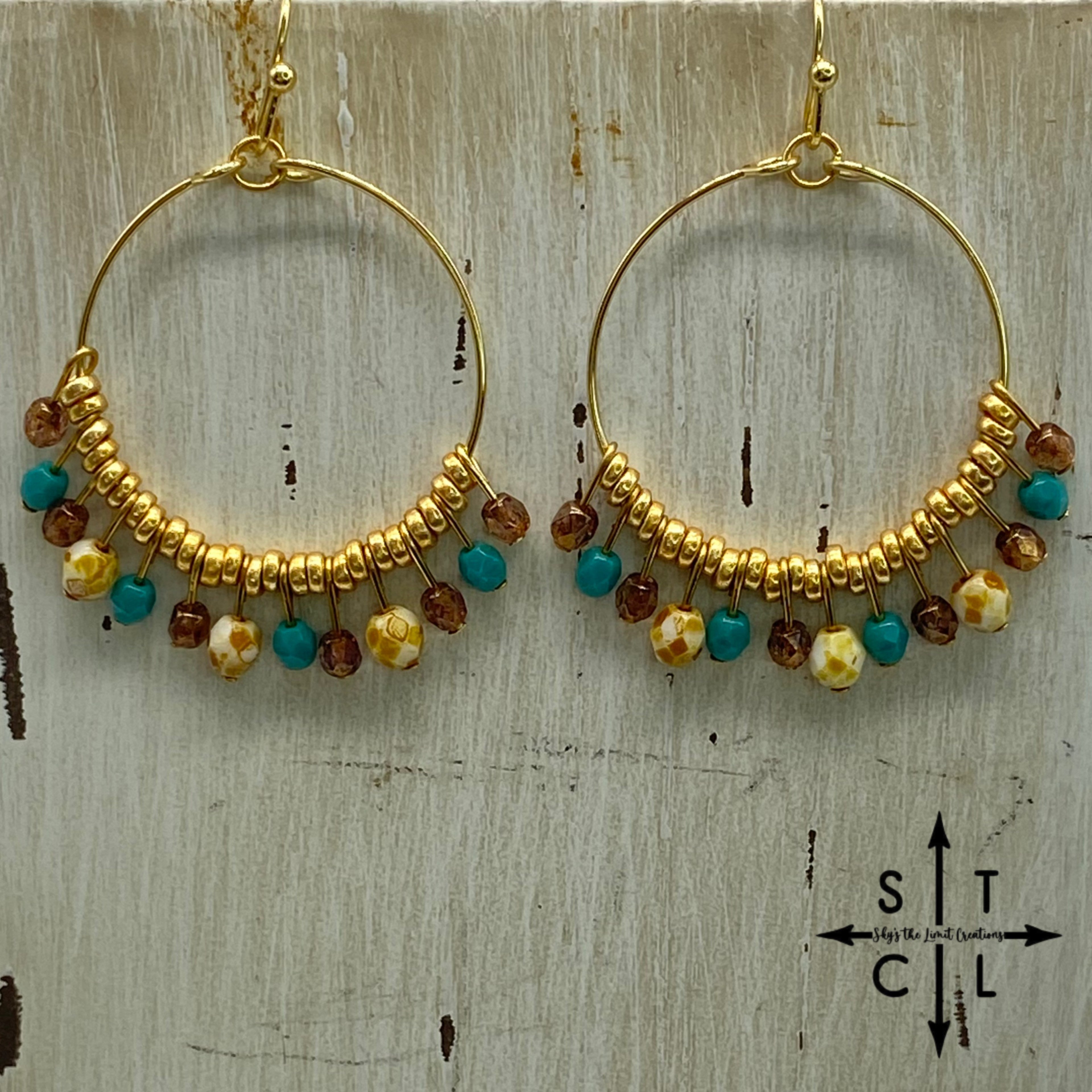 Clear Brown Turquoise Picaso Bone On Gold Rebecca Earrings
