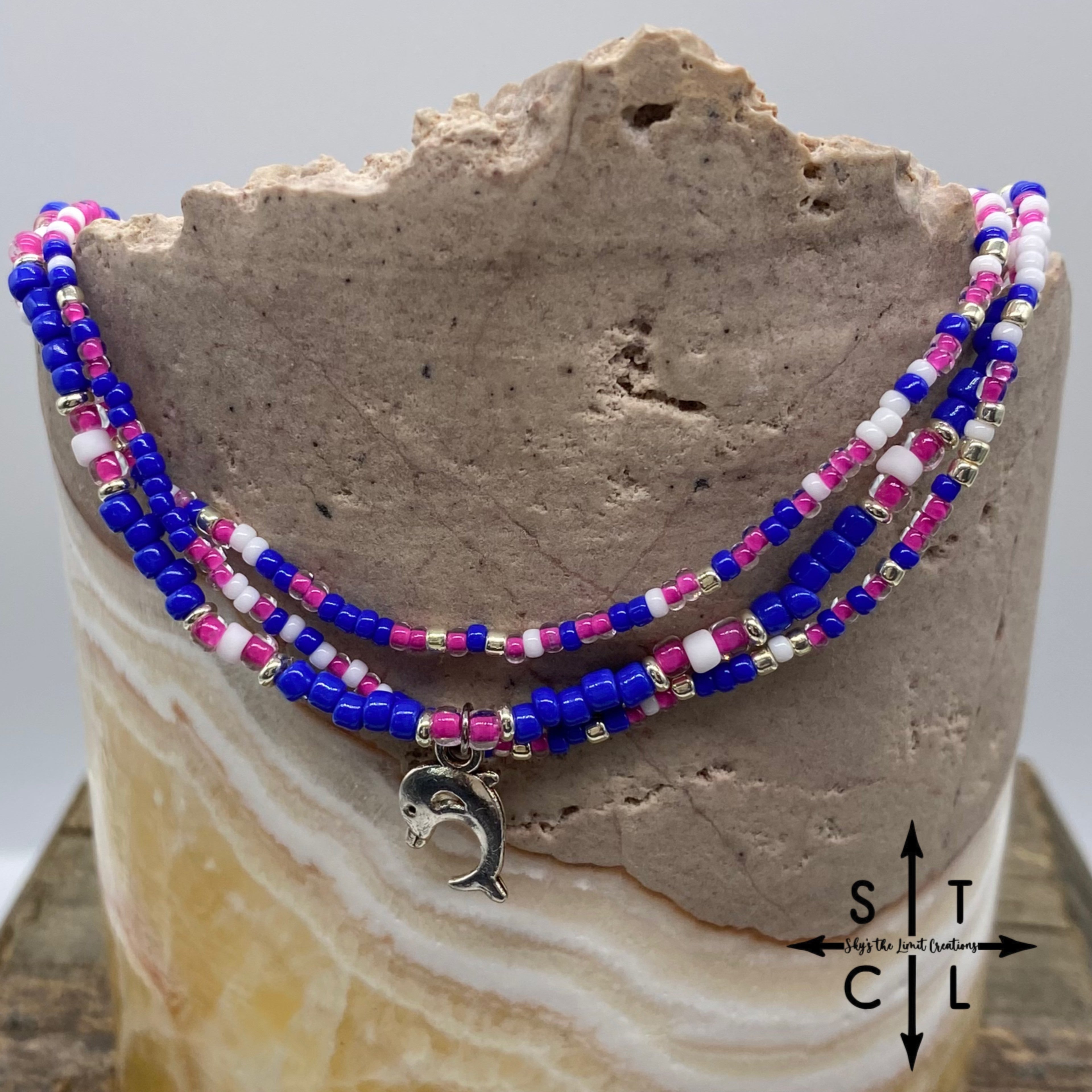 Blue Hot Pink White Dolphin Stretchy Anklet