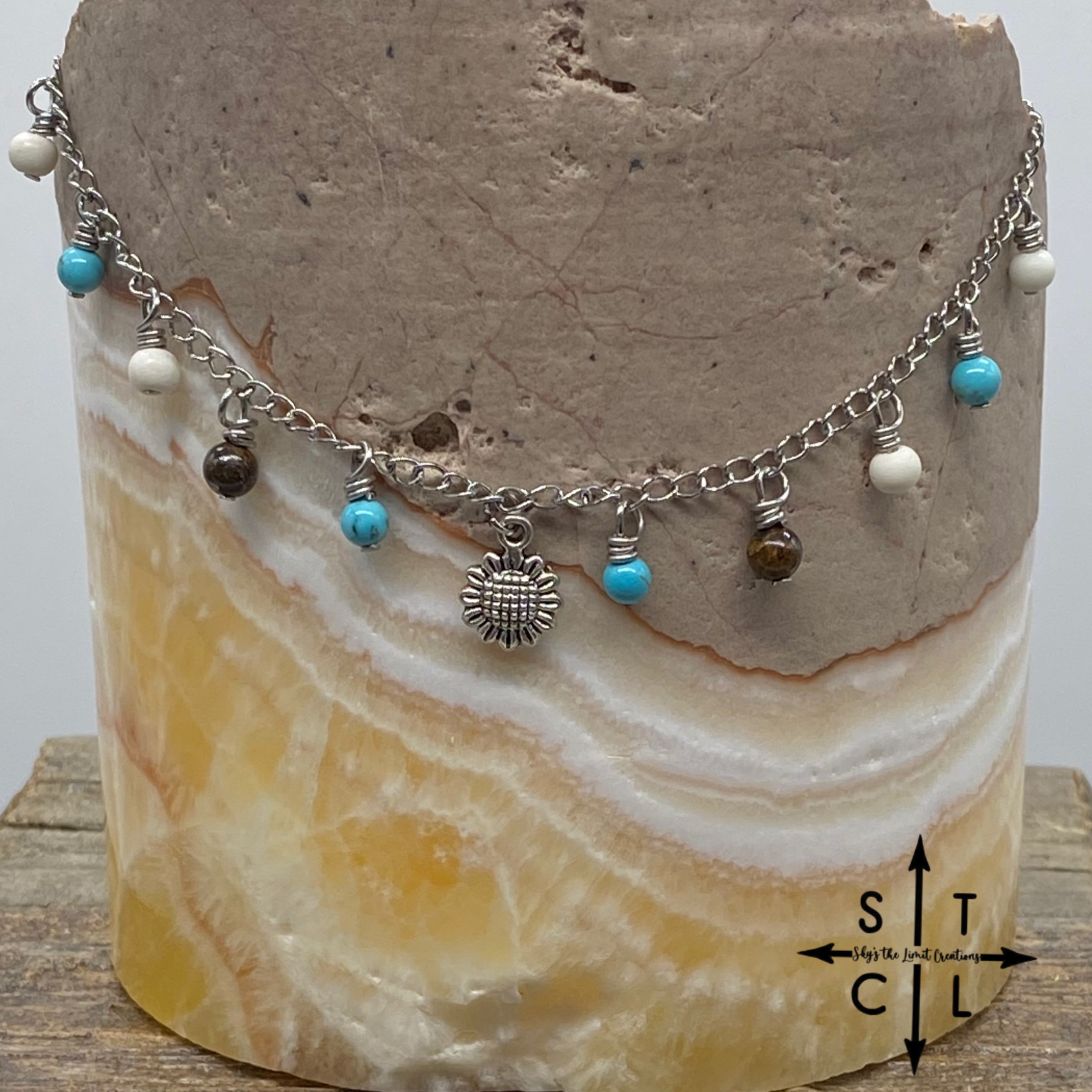 Sunflower Center Turquoise Bown White Katy Anklet