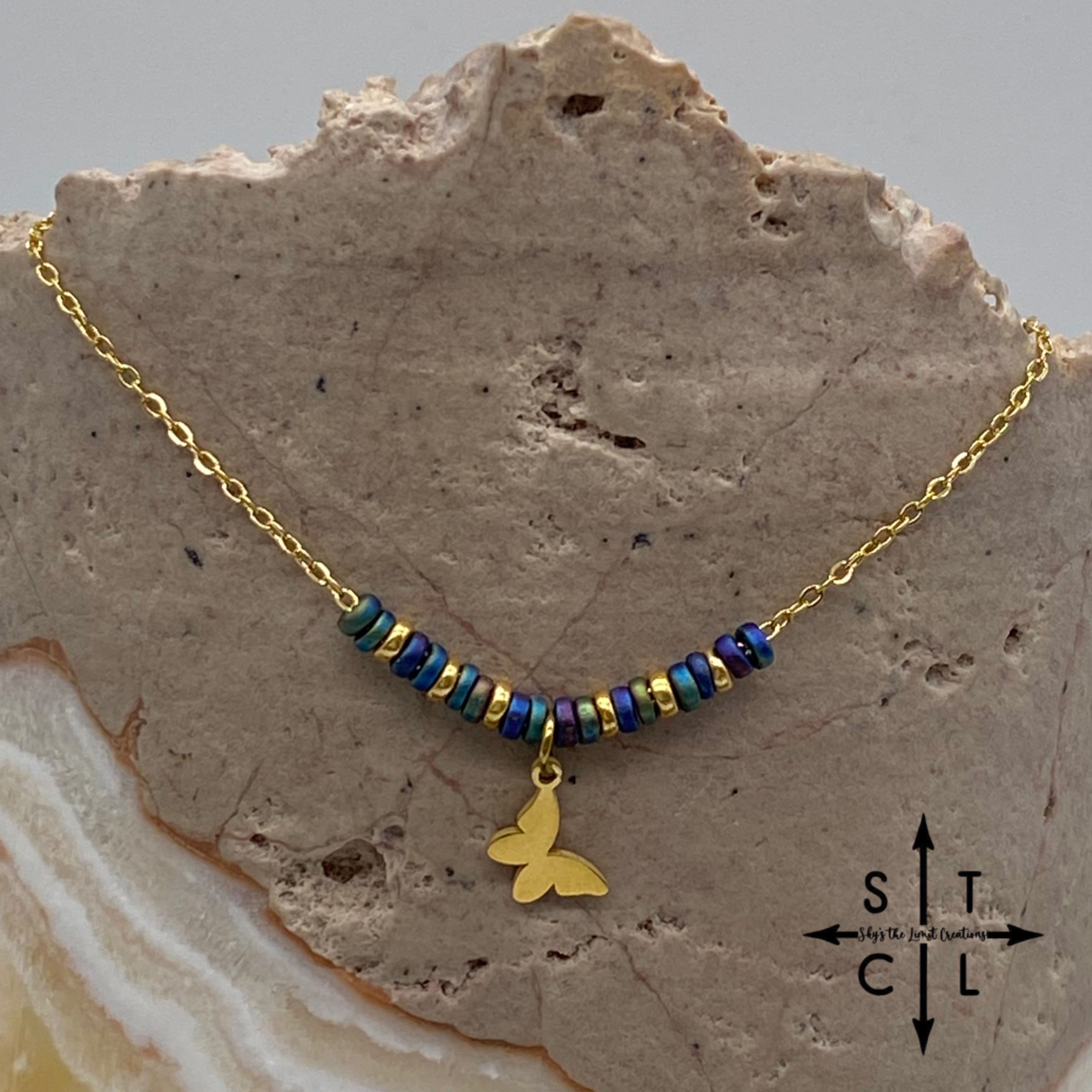 Peacock Blue Green Butterfly Charm Necklace