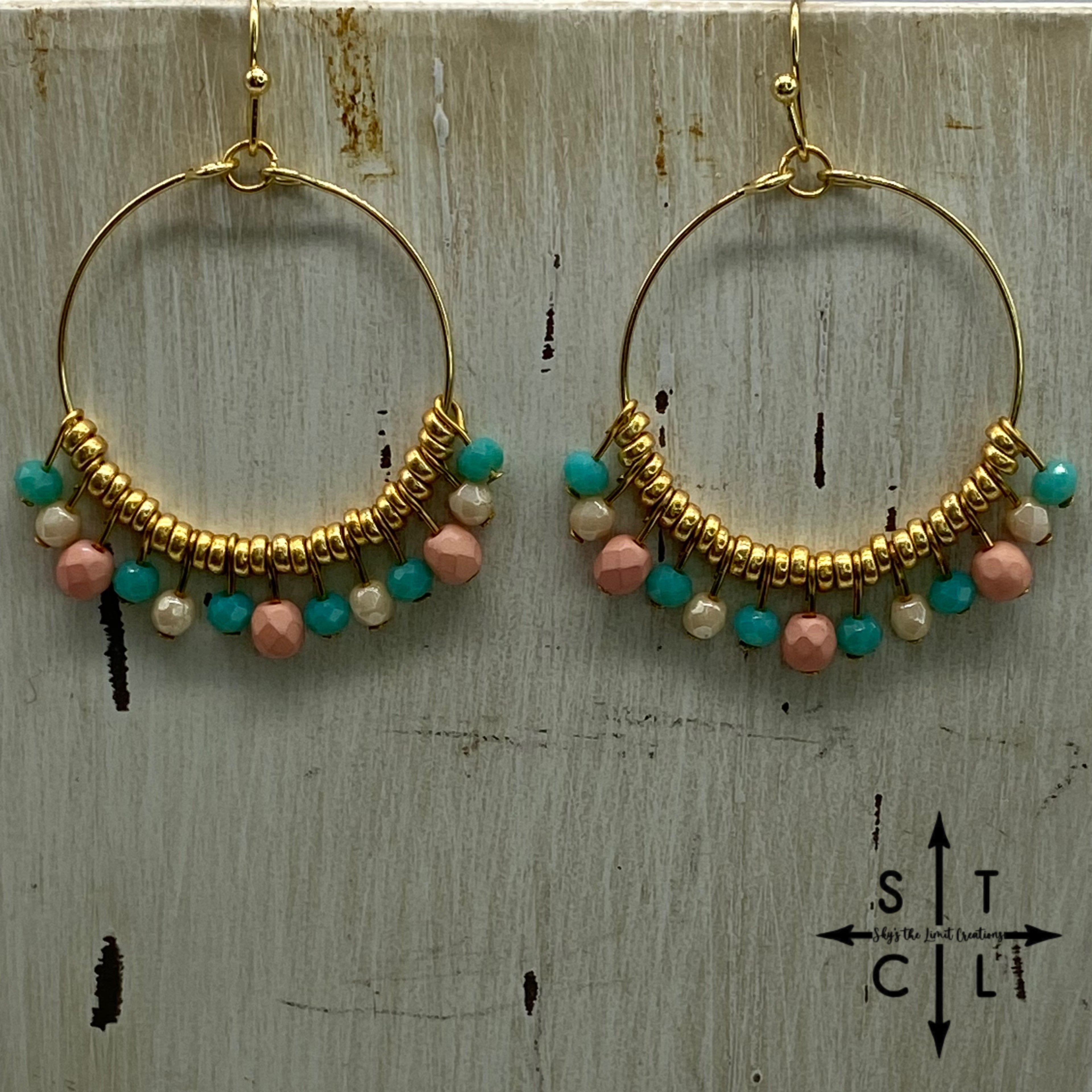 Turquoise Pink Off White On Gold Rebecca Earrings