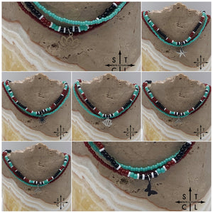 Turquoise Maroon Black White Silver Stretchy Anklet