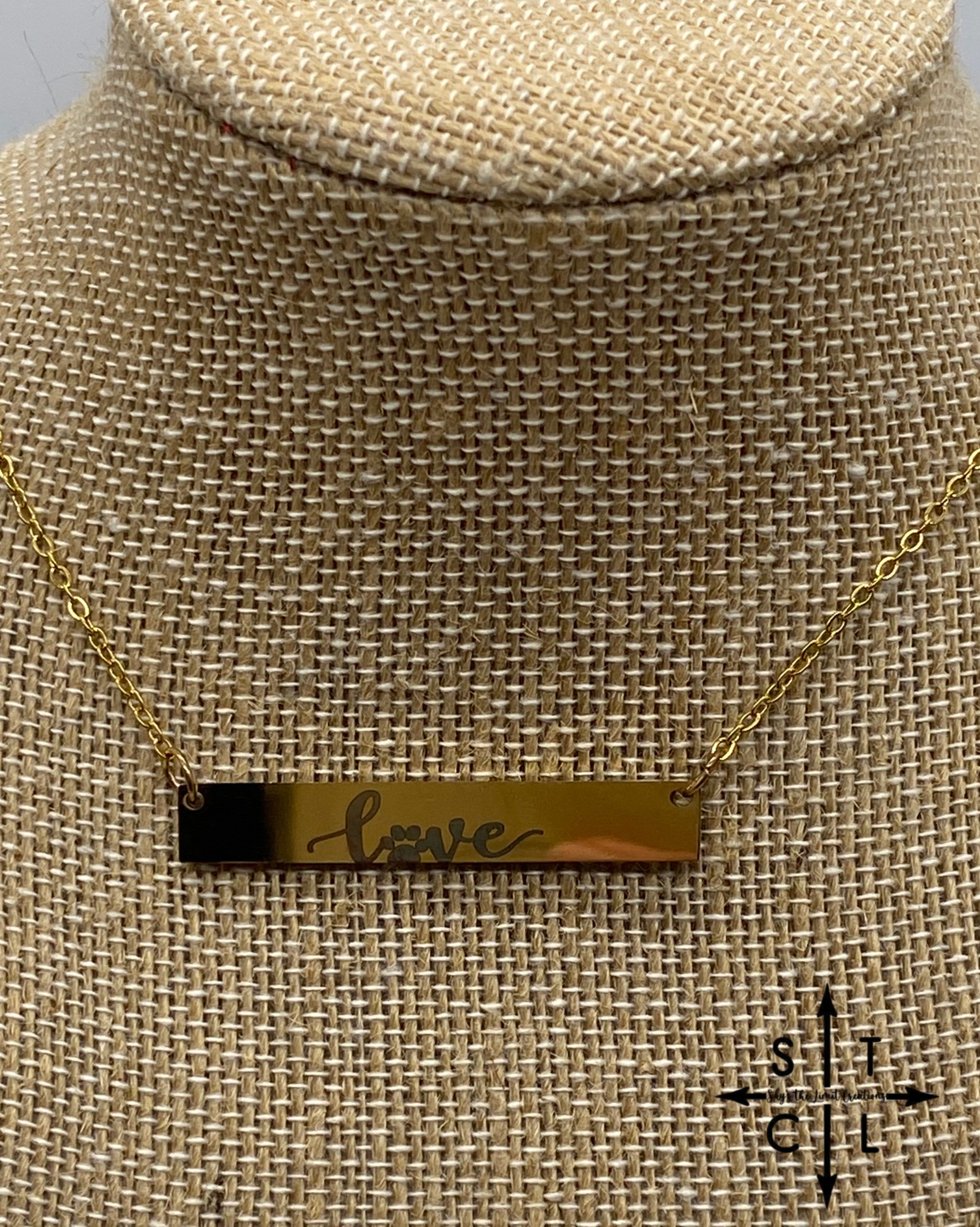 Laser Engrave Love with Paw Print Bar Necklace Gold