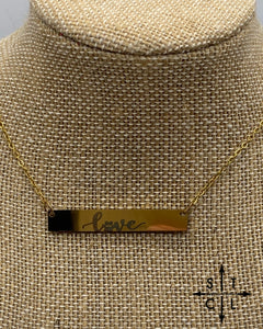 Laser Engrave Love with Paw Print Bar Necklace Gold