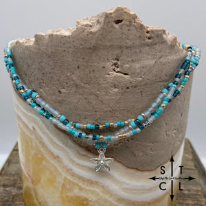 Turquoise Dark Turquoise Frosted Clear Shimmer Flower Stretchy Anklet