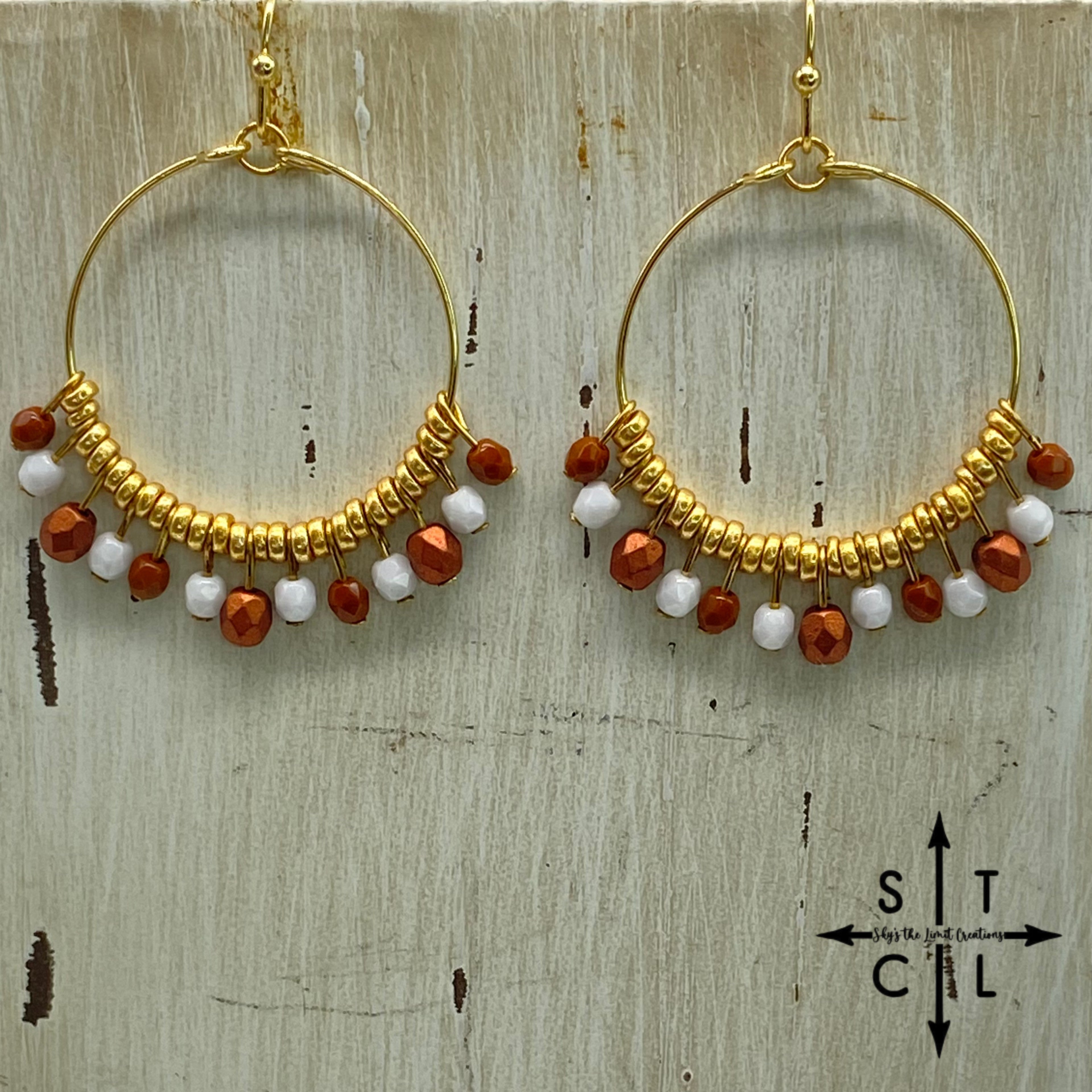 Burnt Orange Metallic Orange White On Gold Rebecca Earrings