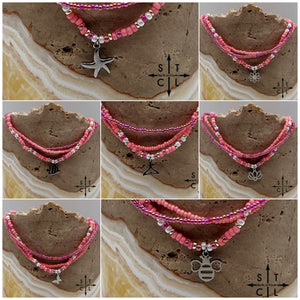 Pink Hot Pink Pearl White Silver Stretchy Anklet