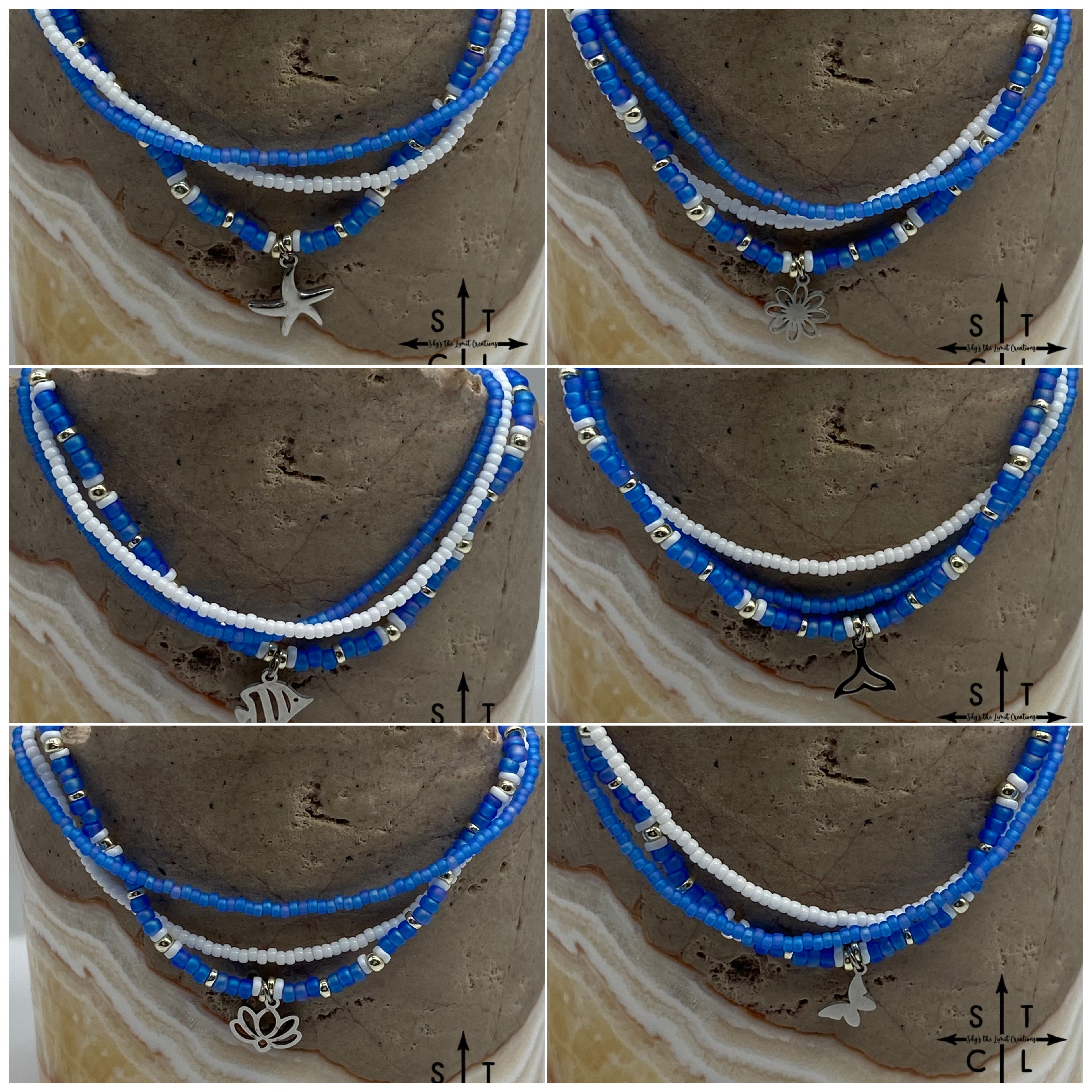 Frosted Blue White Silver Stretchy Anklet