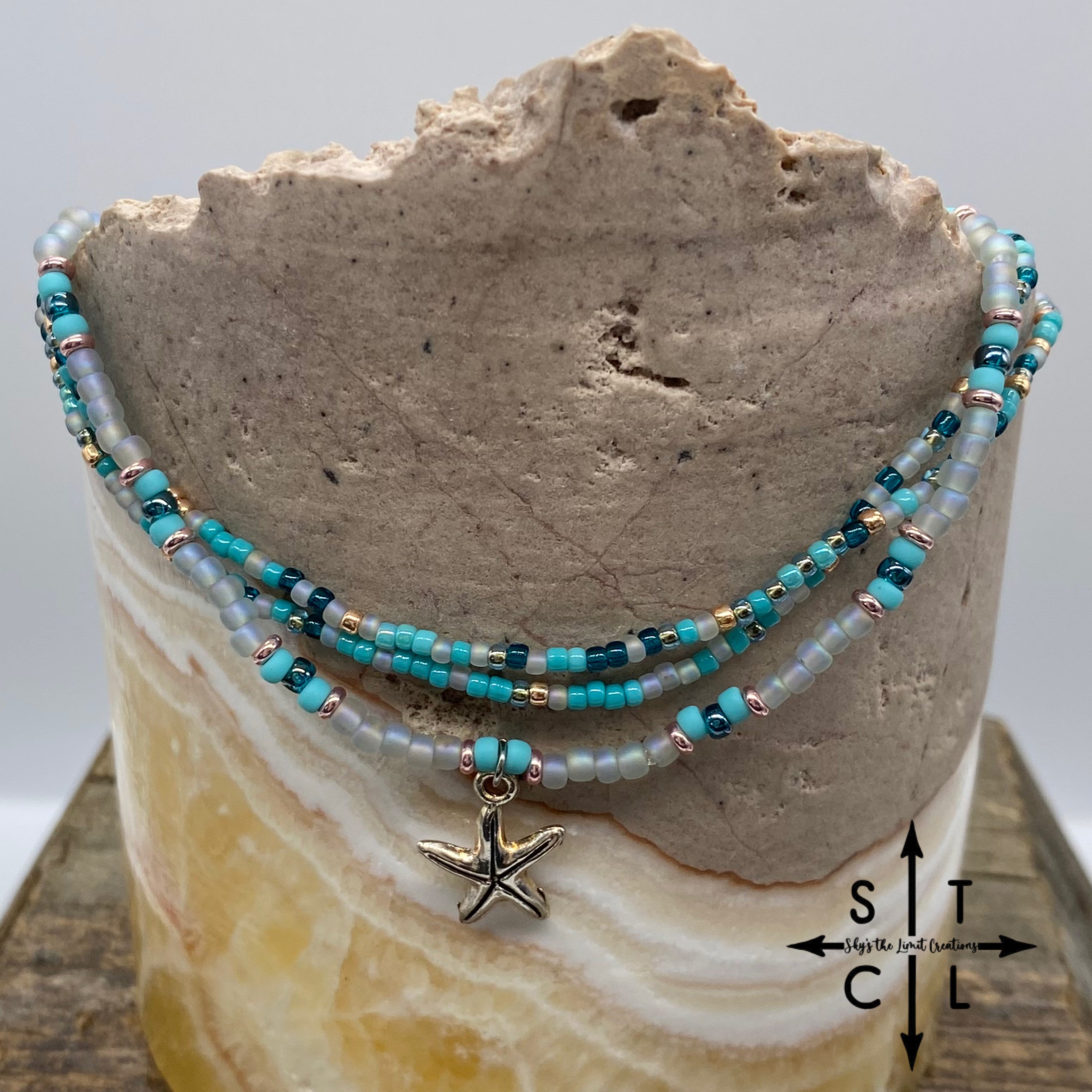 Turquoise Dark Turquoise Frosted Clear Shimmer Starfish Stretchy Anklet