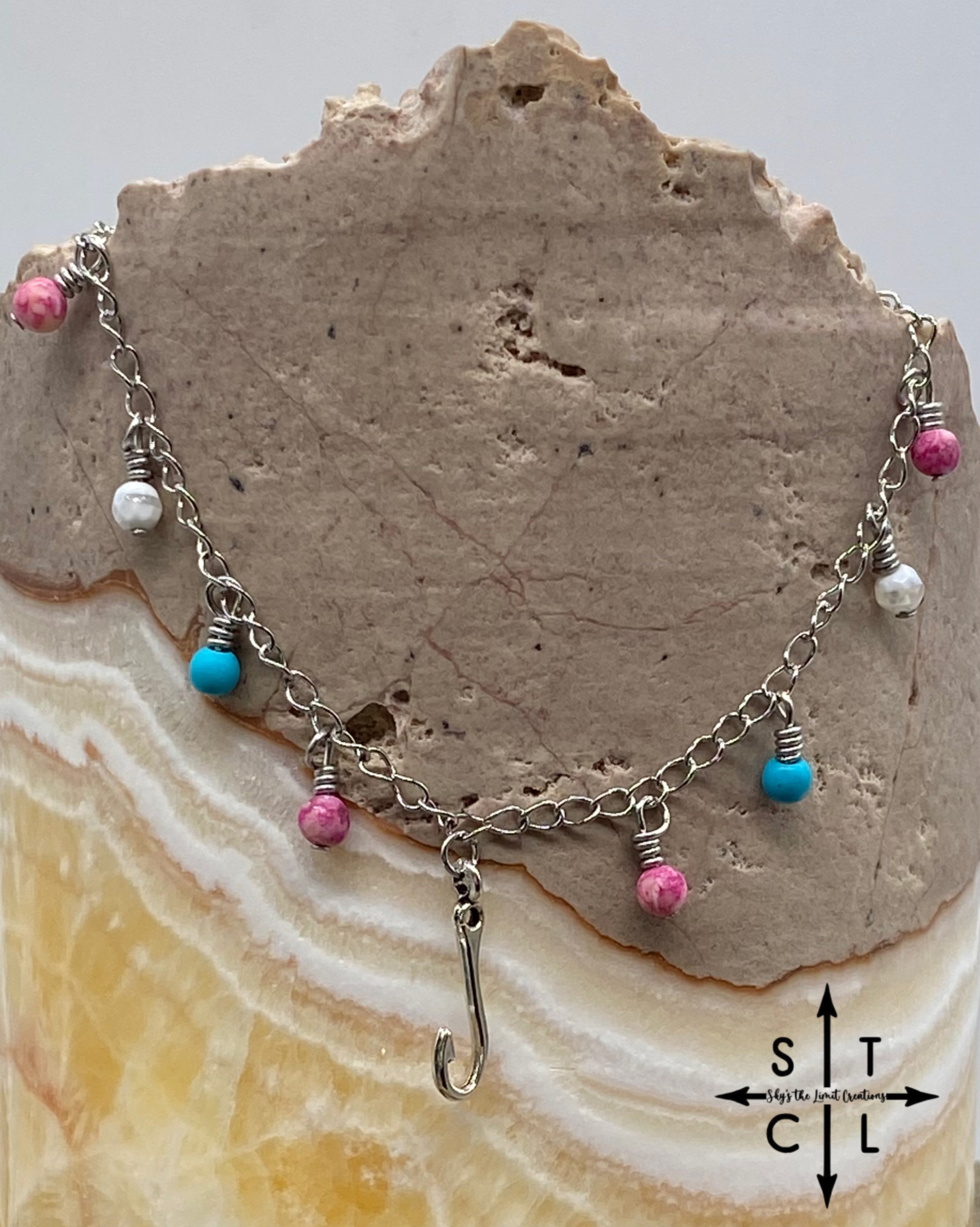 Fishhook Pink Turquoise White Katy Anklet