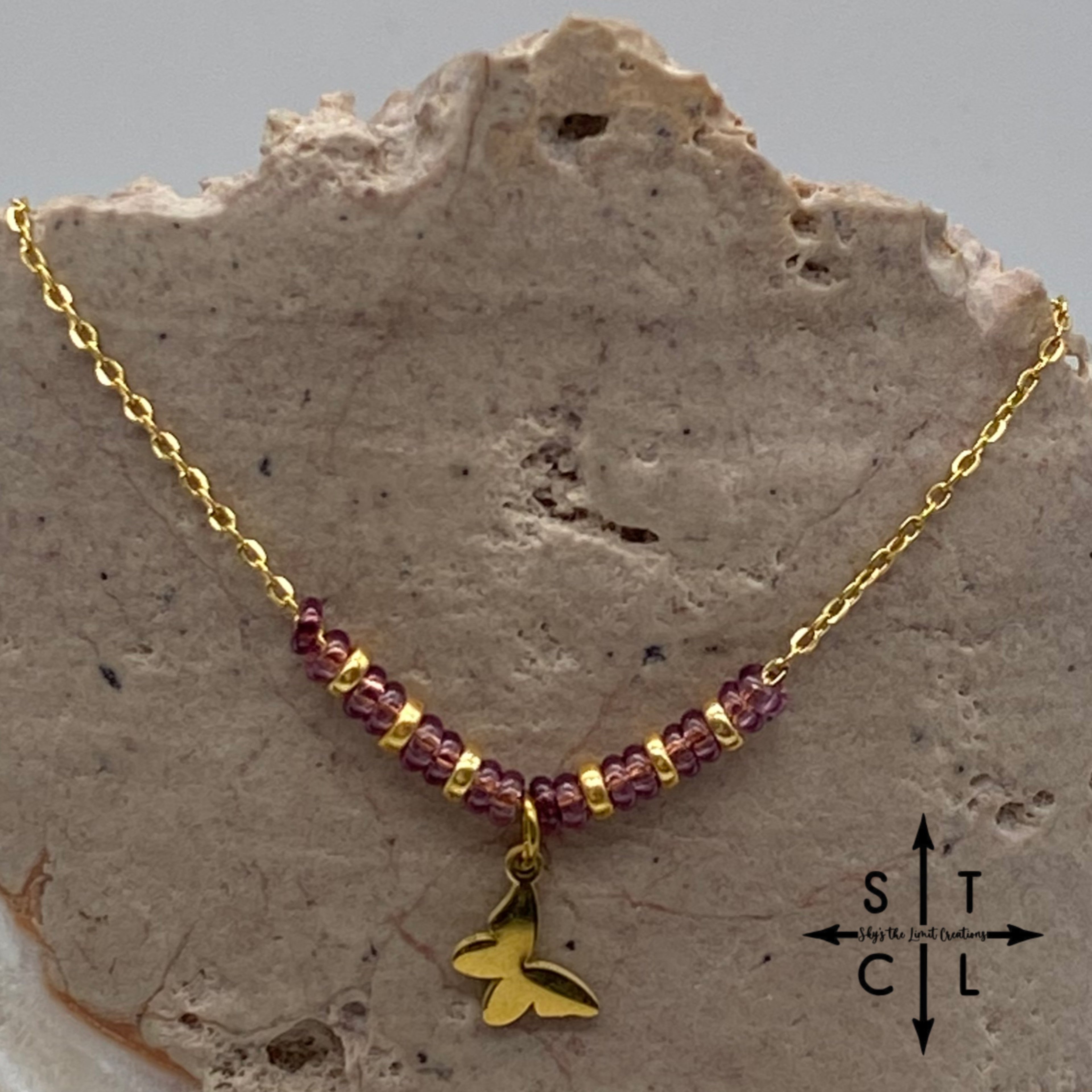 Clear Purple Gold Butterfly Charm Necklace