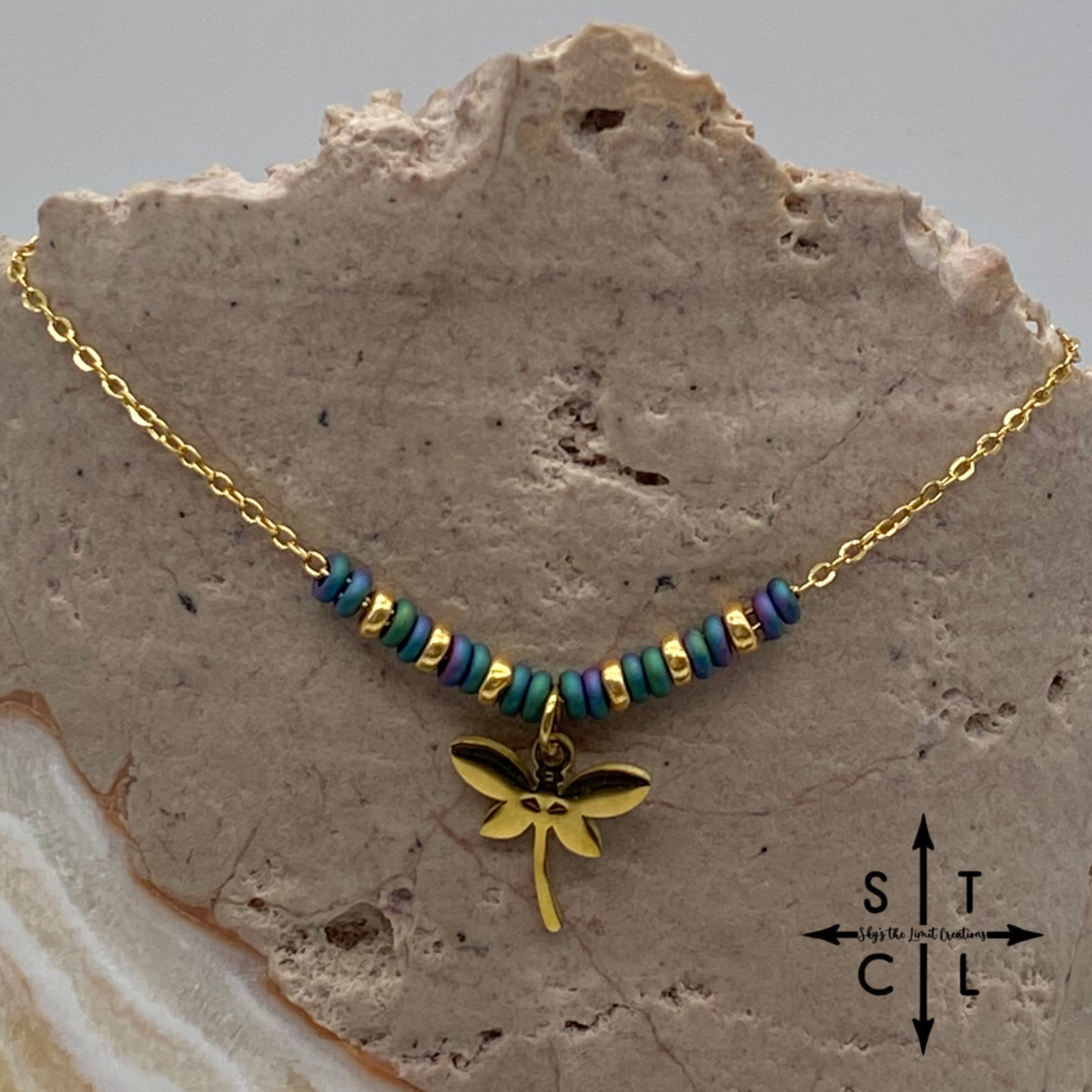 Peacock Blue Green Dragonfly Charm Necklace