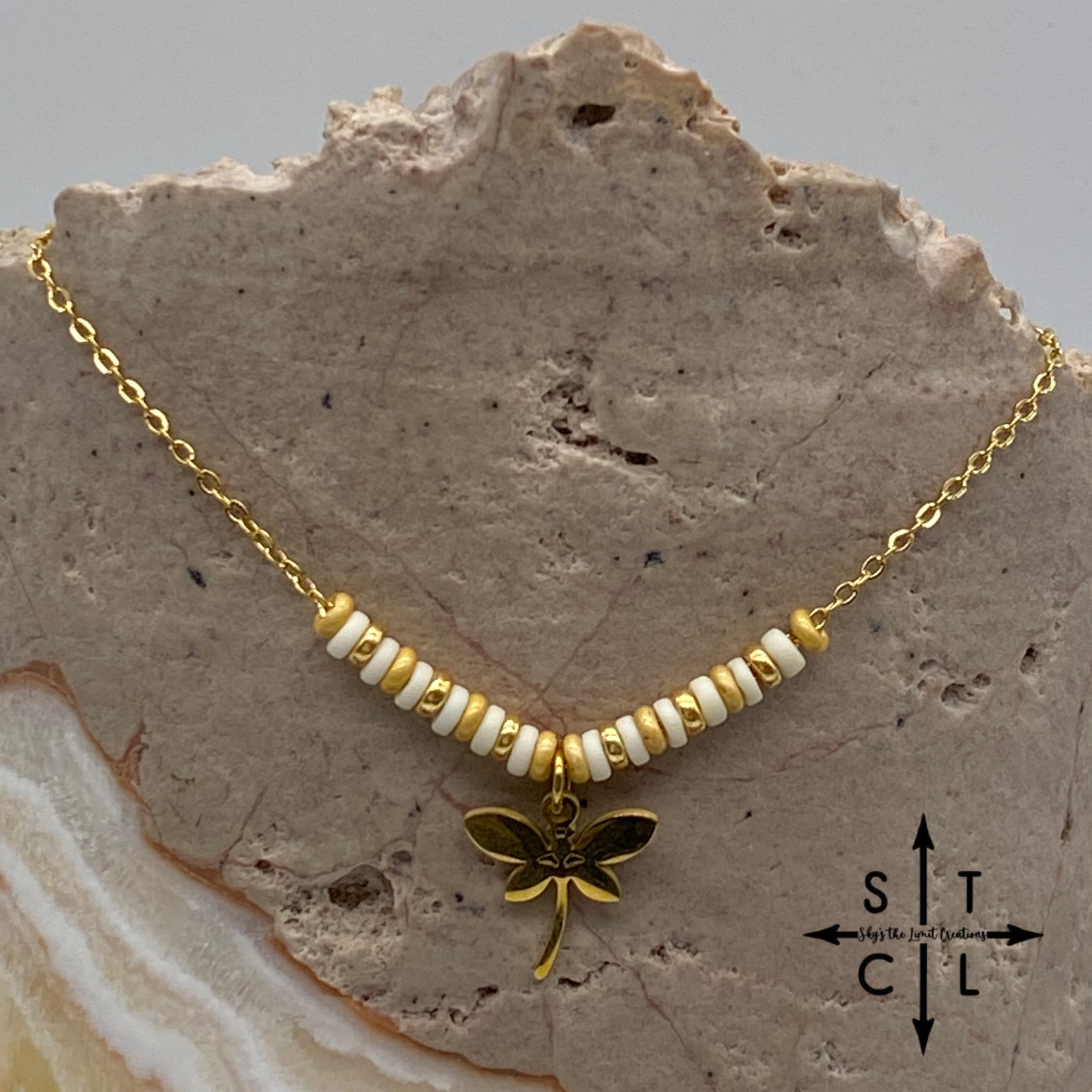 White Gold Matte Gold Dragon Fly Charm Necklace