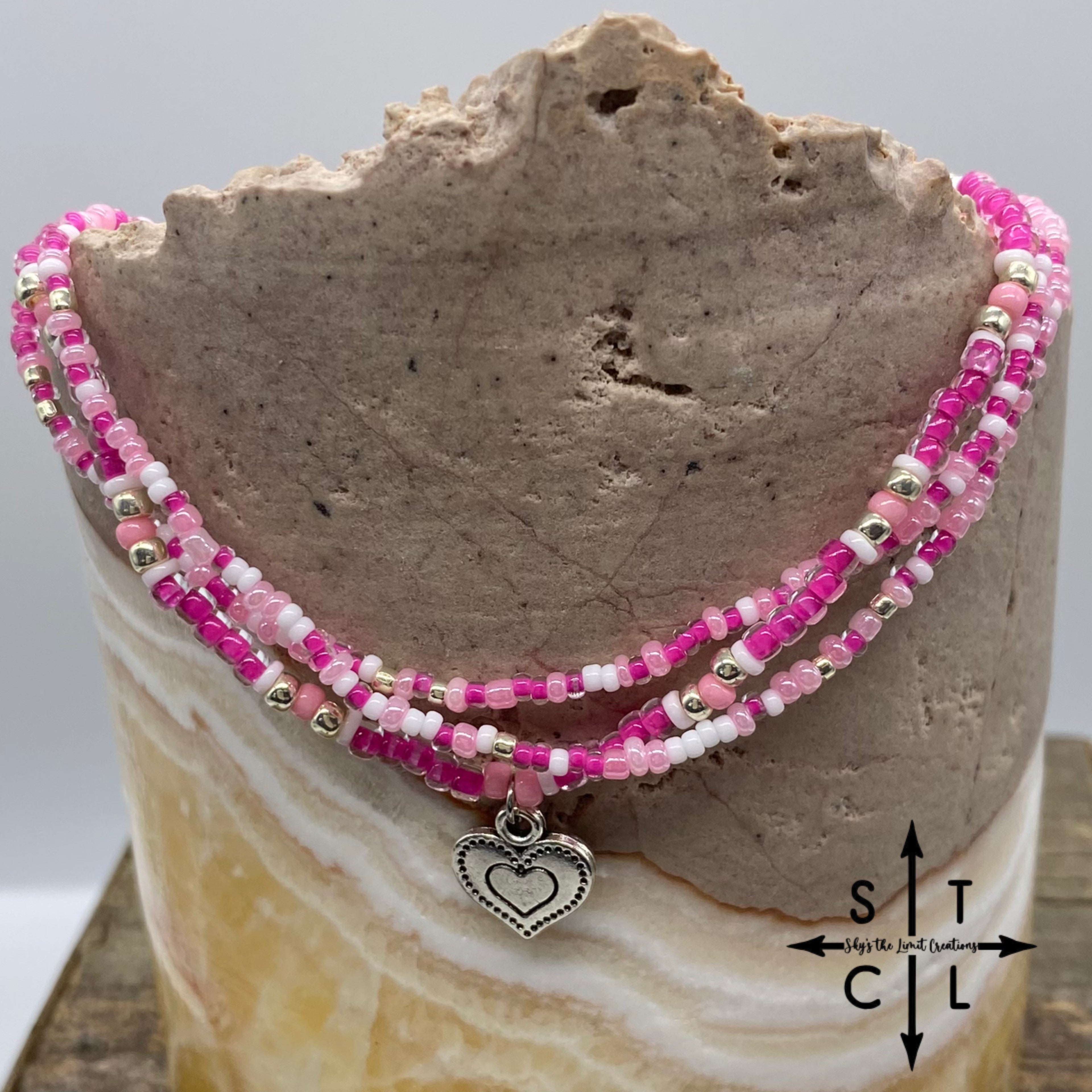 Mix Pink White Silver Heart Stretchy Anklet