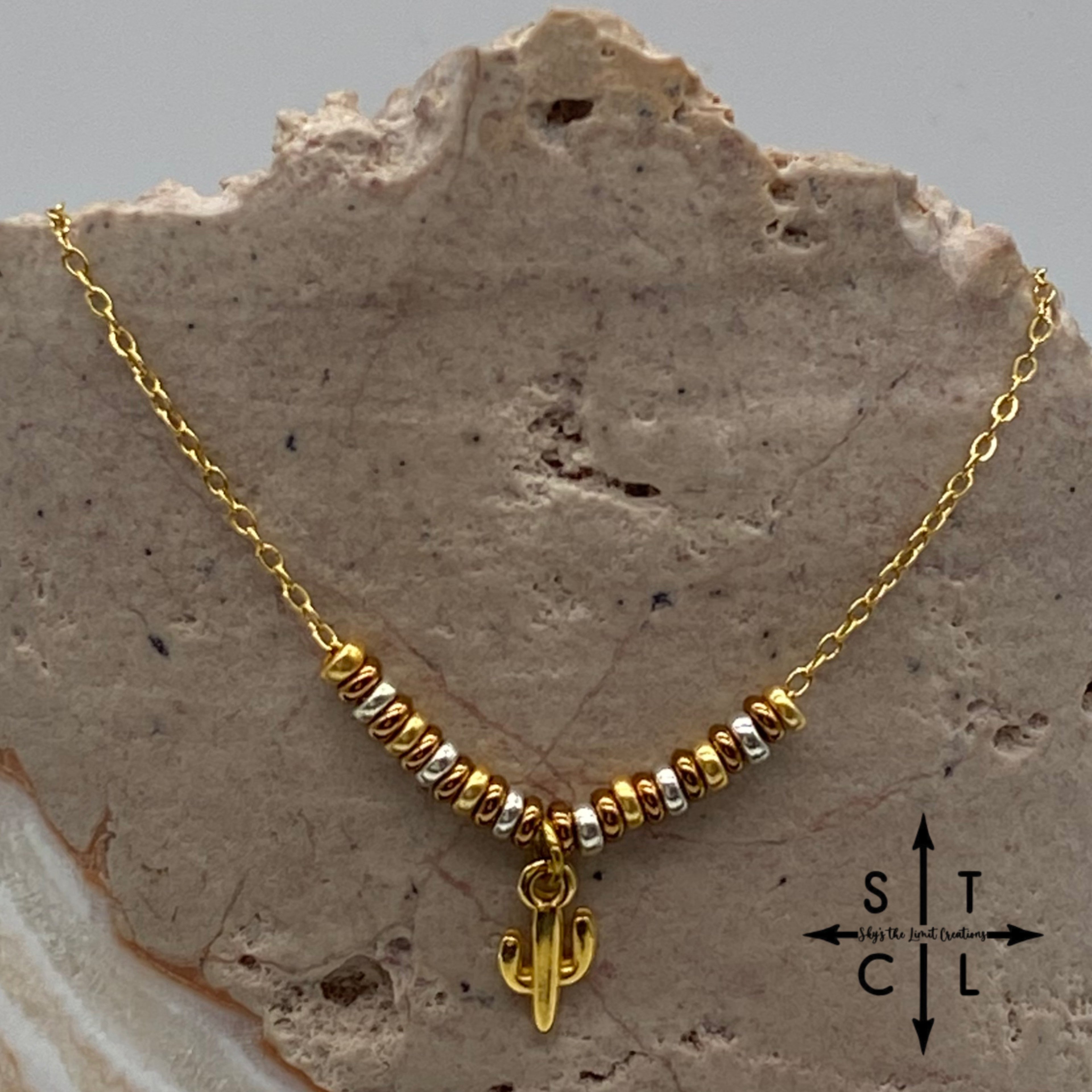 Silver Bronze Gold Cactus Charm Necklace