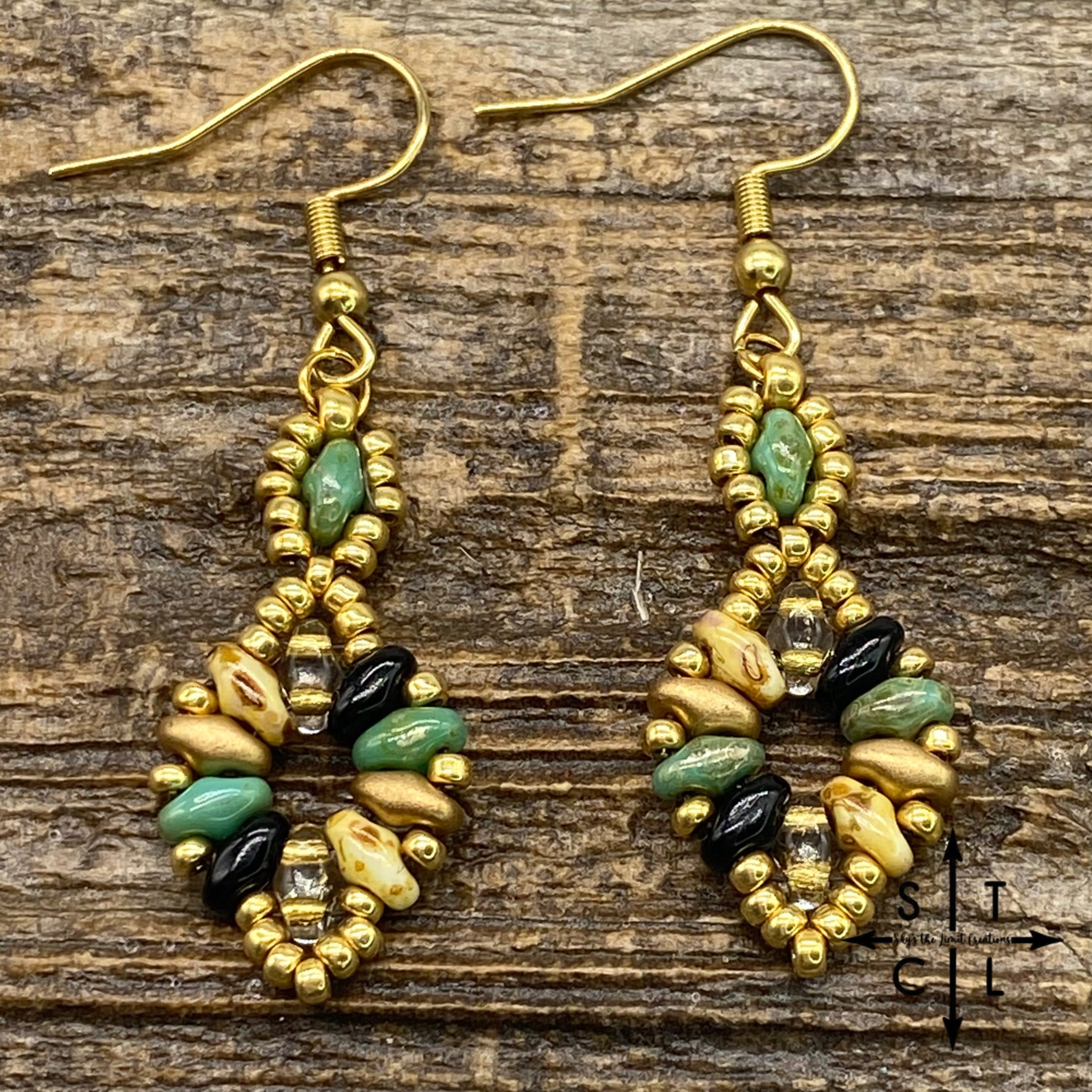 Green Turquoise Gold Black Picasso Bone Dallis Earrings