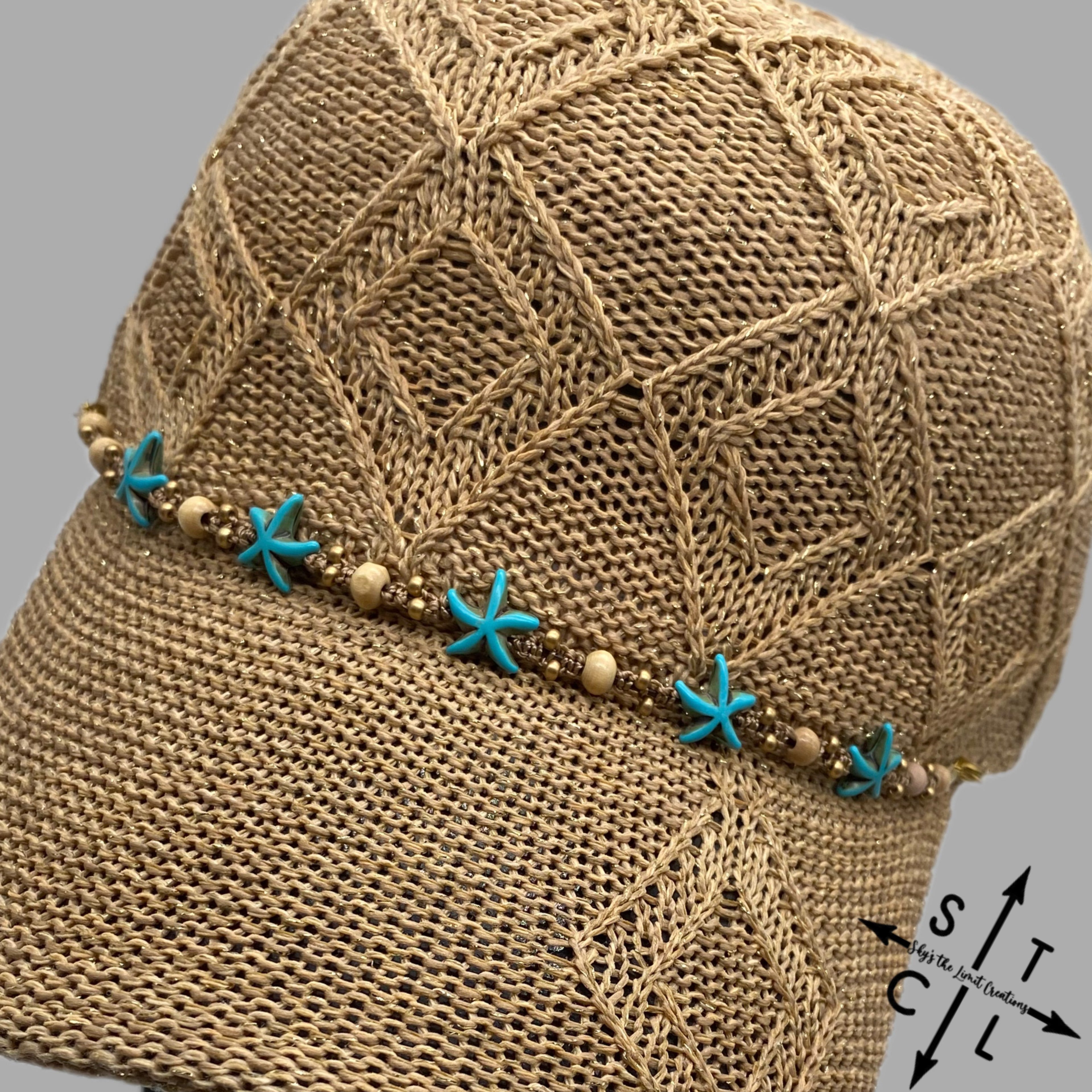 Turquoise Starfish Beige Matte Gold Trucker Hat Chain