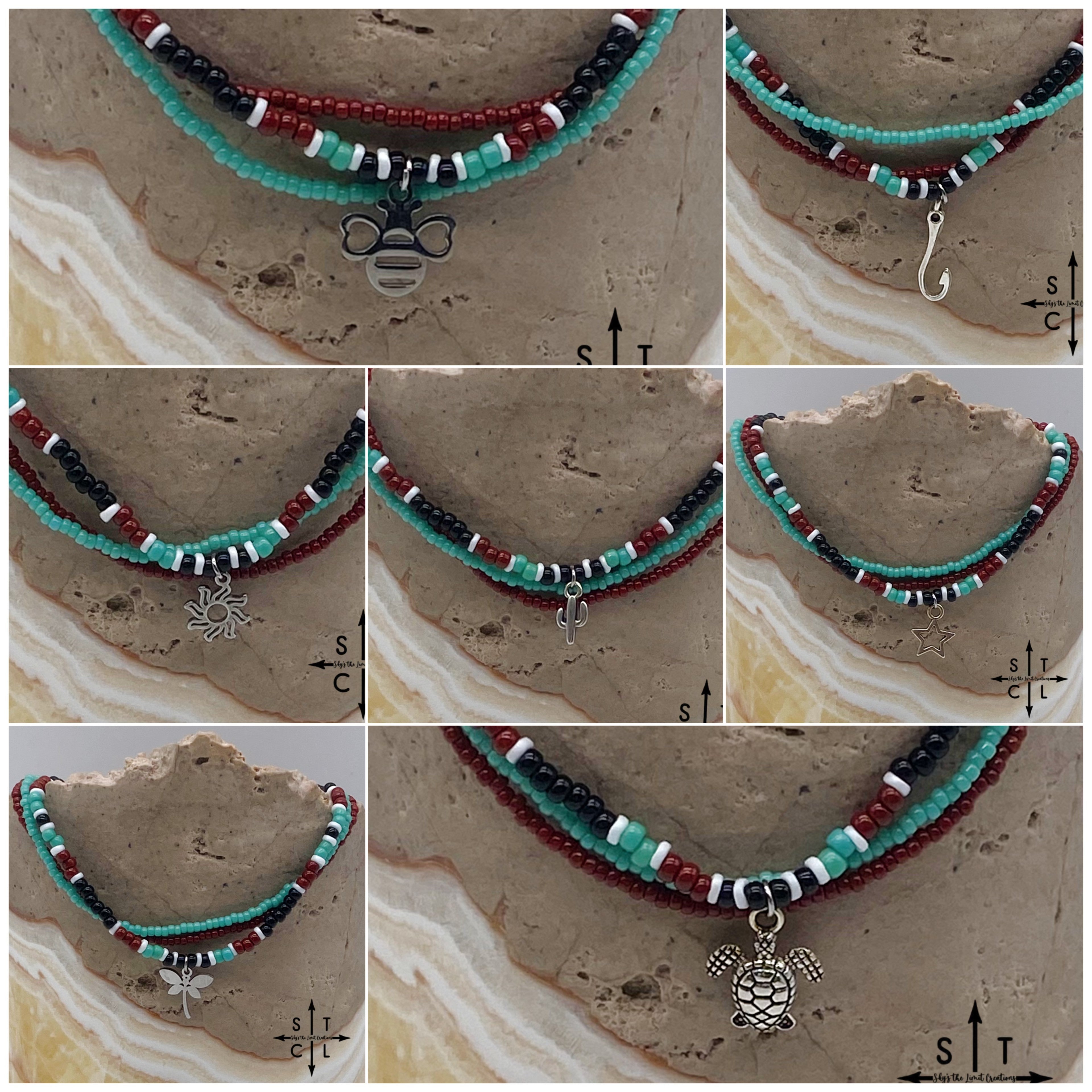 Turquoise Maroon Black White Silver Stretchy Anklet