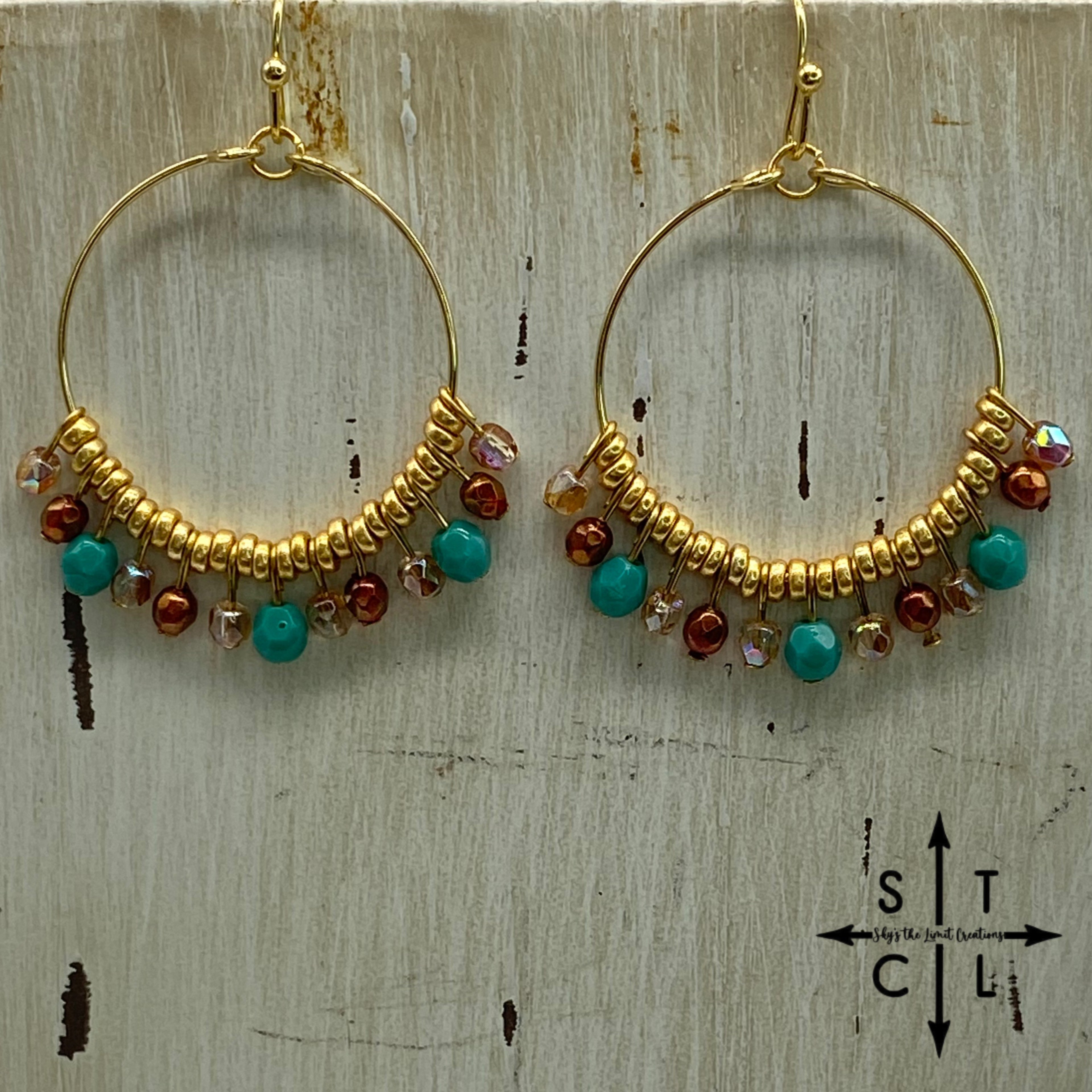 Champagne Dark Amber Turquoise On Gold Rebecca Earrings