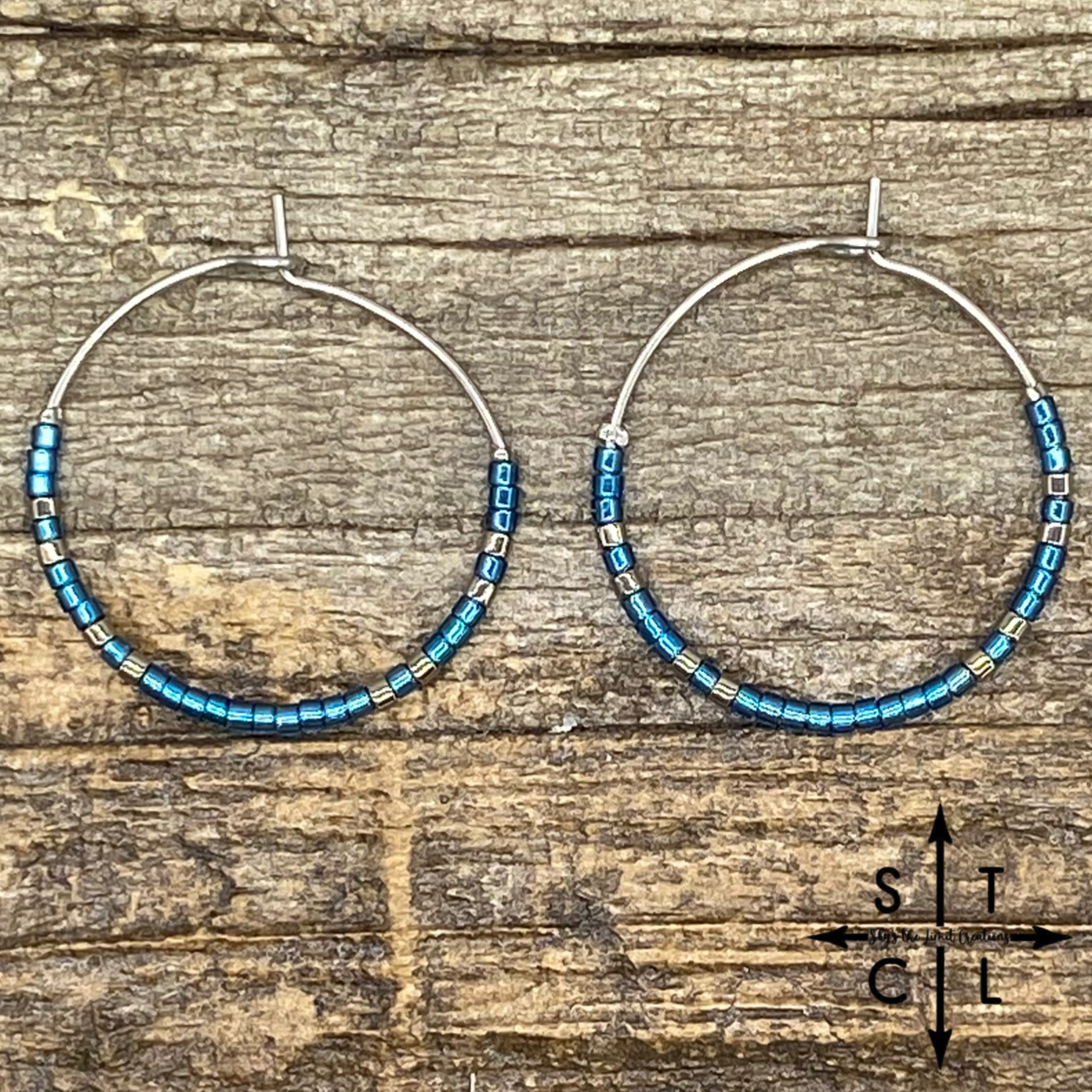 Metallic Bright Blue Gun Metal Silver Amber Earrings