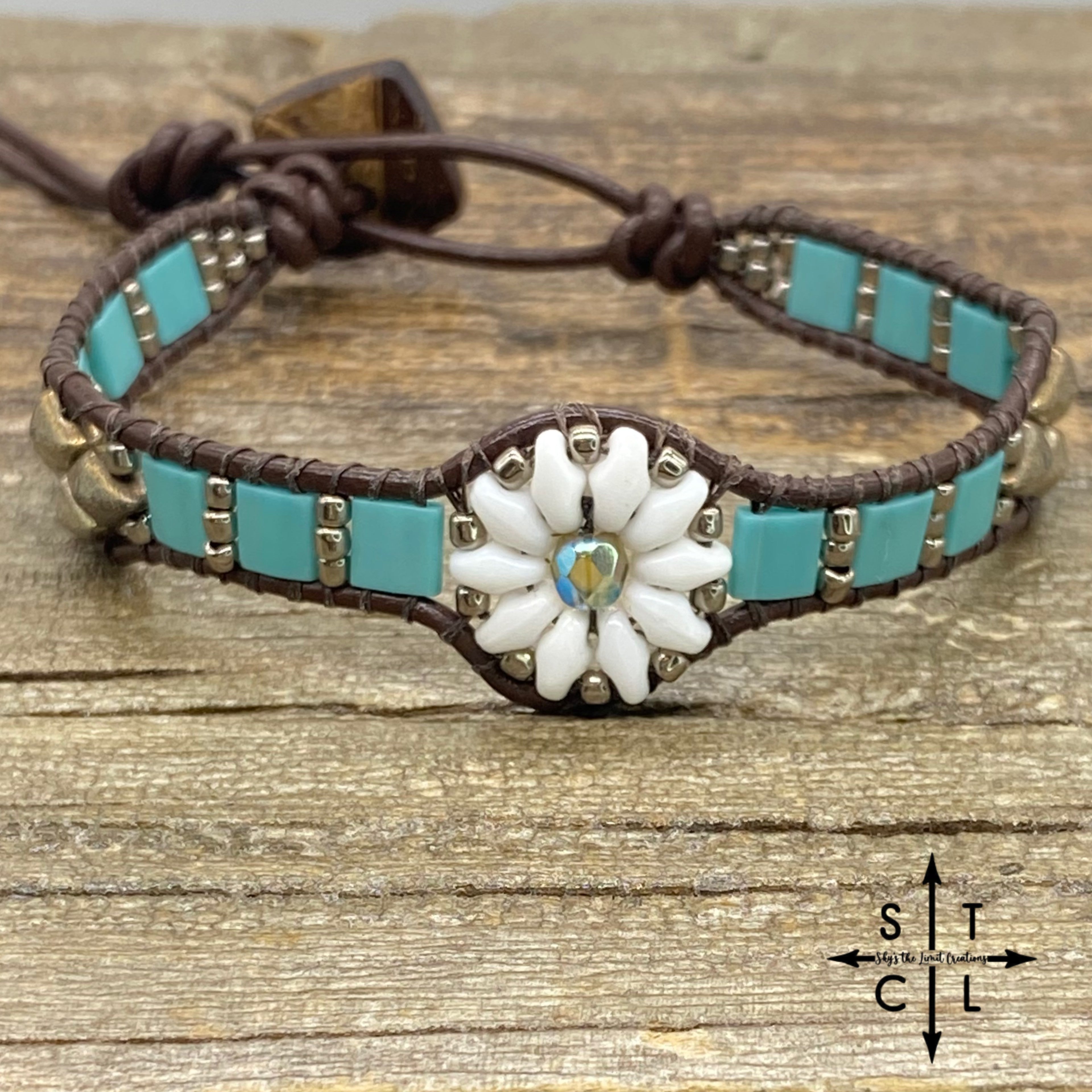 White Turquoise Gunmetal SIlver Daisy