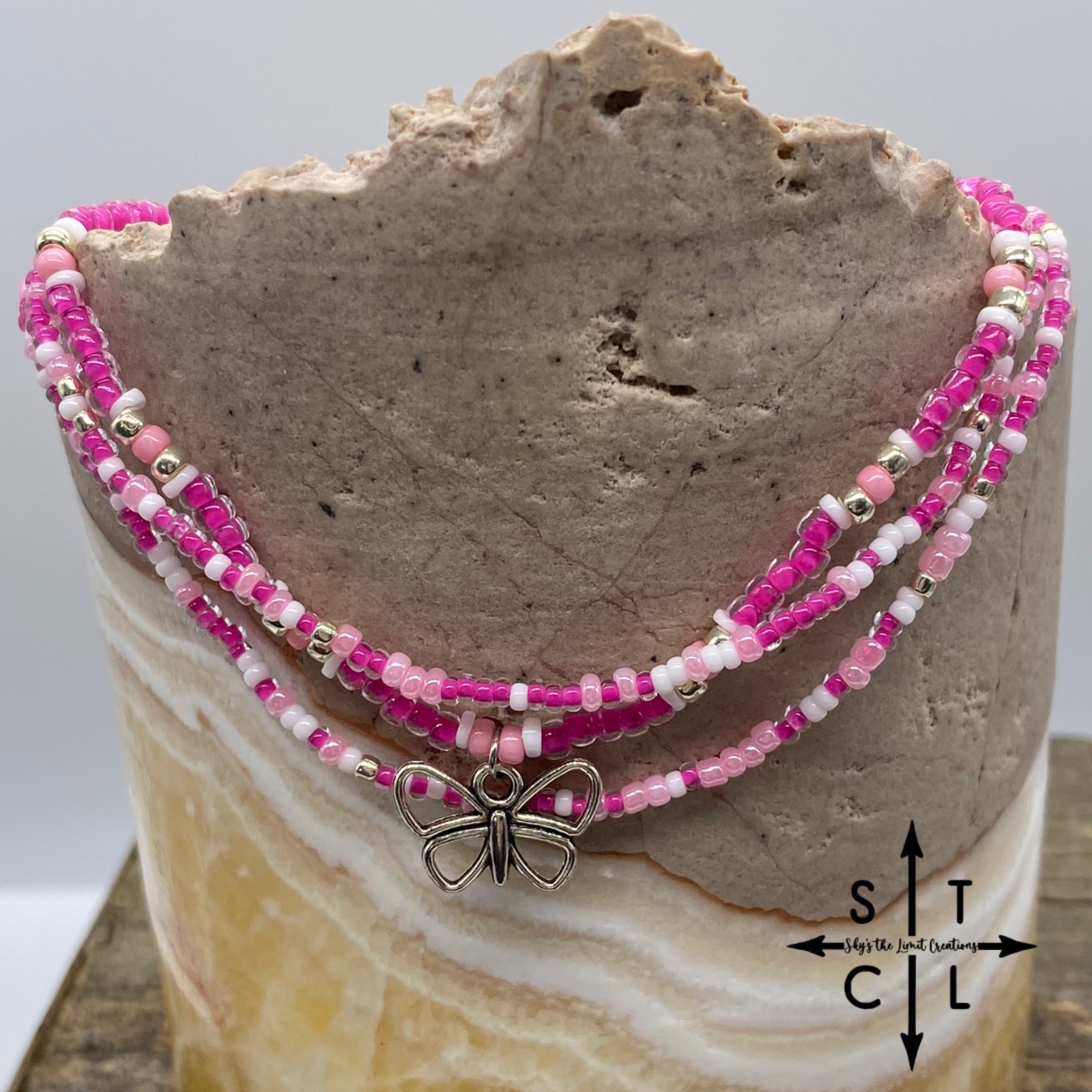 Mix Pink White Silver Butterfly Stretchy Anklet